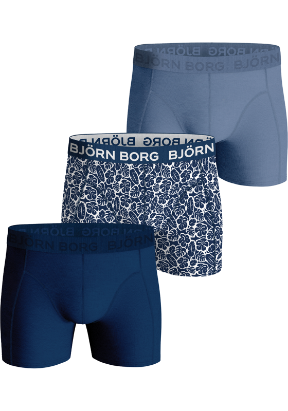 Bjorn Borg Cotton Stretch boxers, heren boxers normale lengte (3-pack), 2 tinten blauw en blauw met witte print Bjorn Borg Cotton Stretch boxers, heren boxers normale lengte (3-pack), 2 tinten blauw en blauw met witte print