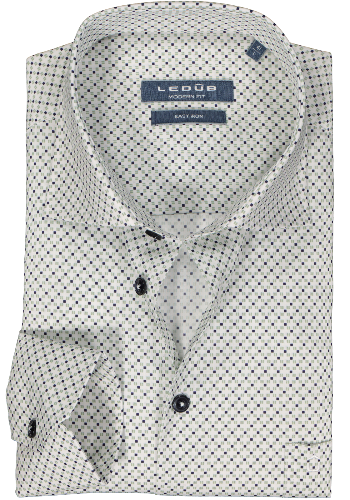 1-8717126095675_Ledub_overhemd_HR Ledub modern fit overhemd, popeline, wit met groen en donkerblauw dessin