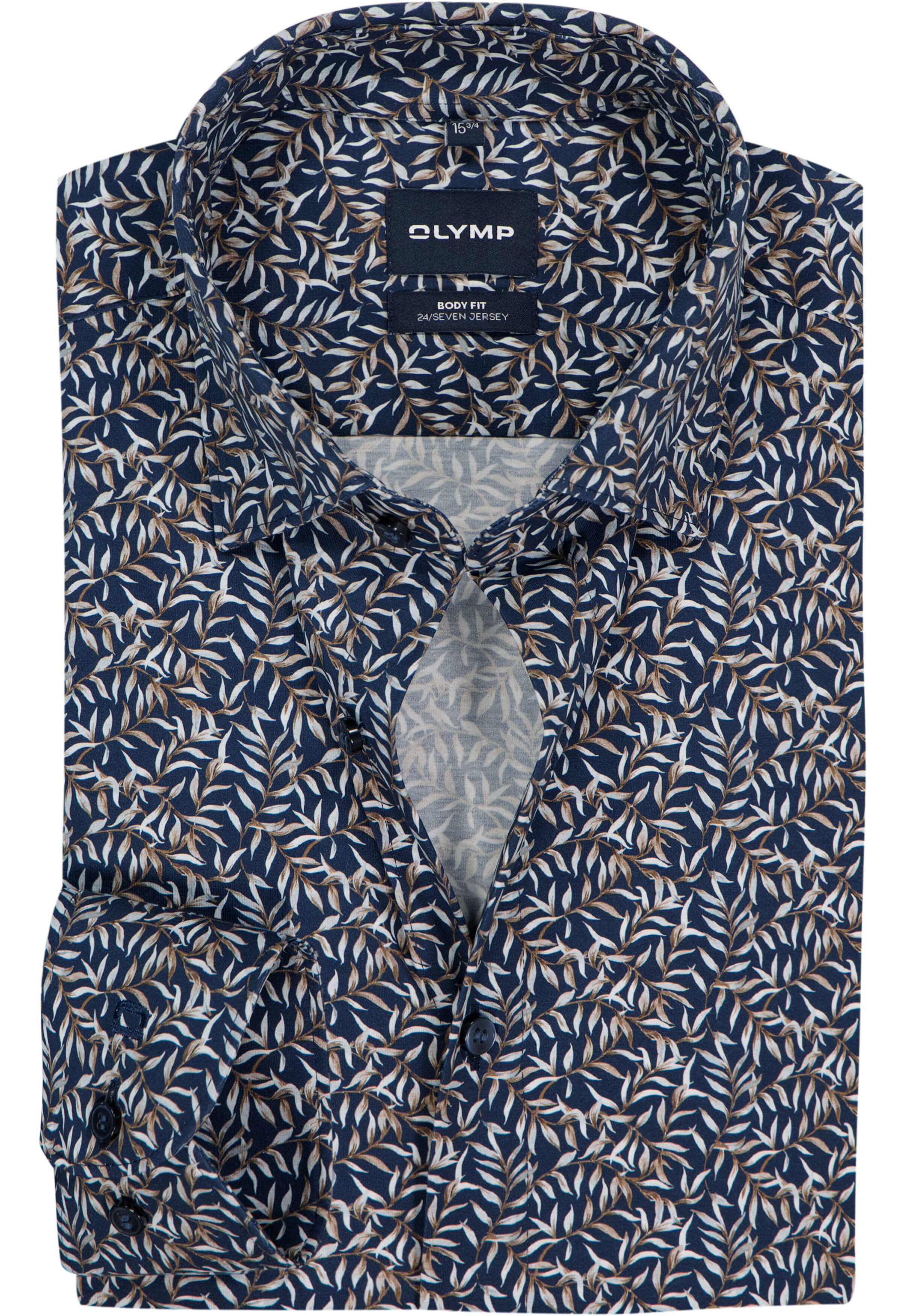 OLYMP 24/7 Level 5 body fit overhemd, tricot, donkerblauw met groen en lichtblauw dessin