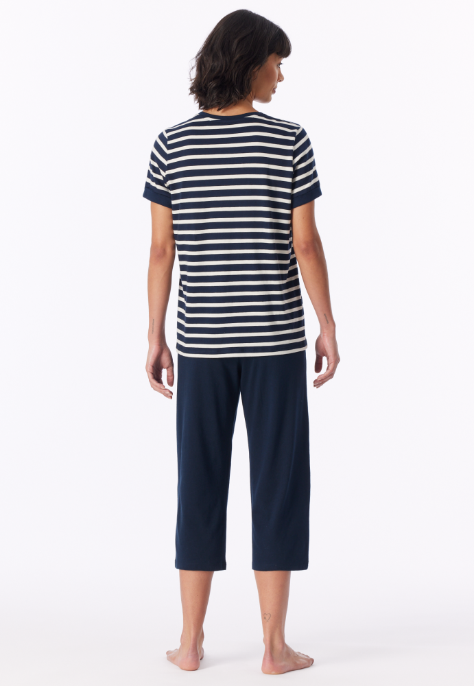 SCHIESSER dames Cotton Essentials Pyjama lang, dames pyjama set, nachtblauw gestreept
