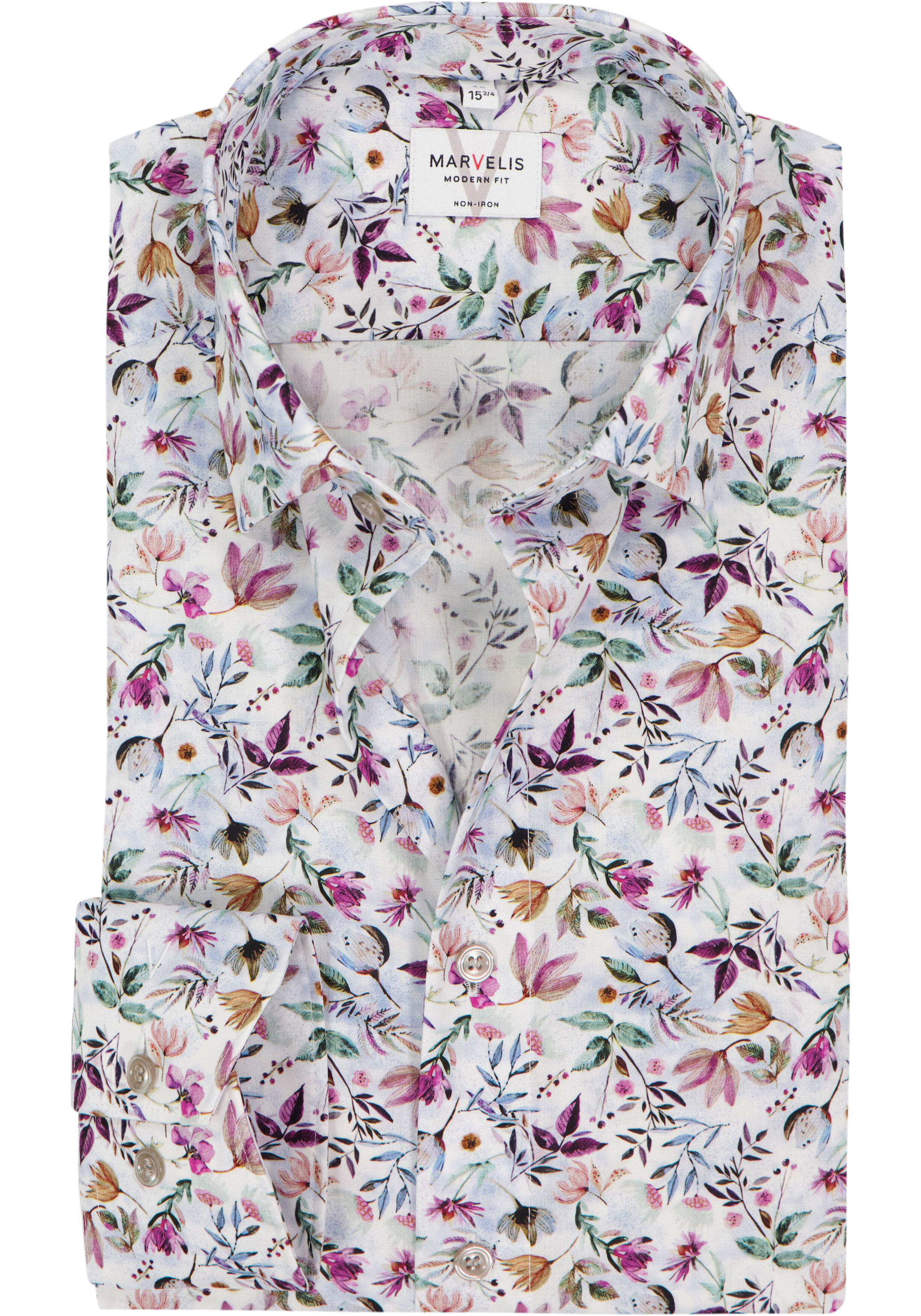 MARVELIS modern fit overhemd, popeline, wit met roze, groen en blauw bloemen dessin
