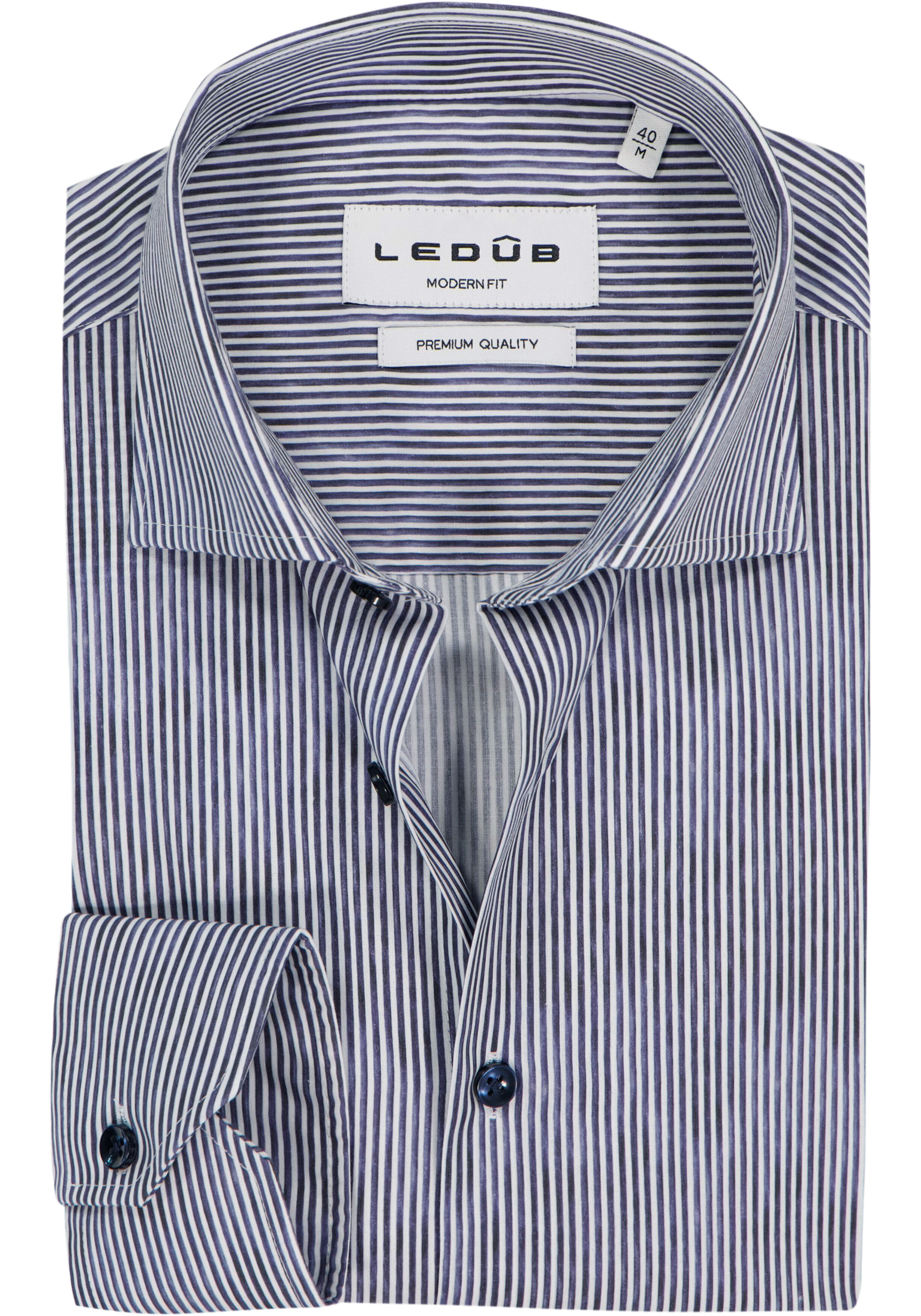 Ledub modern fit overhemd, popeline, donkerblauw gestreept