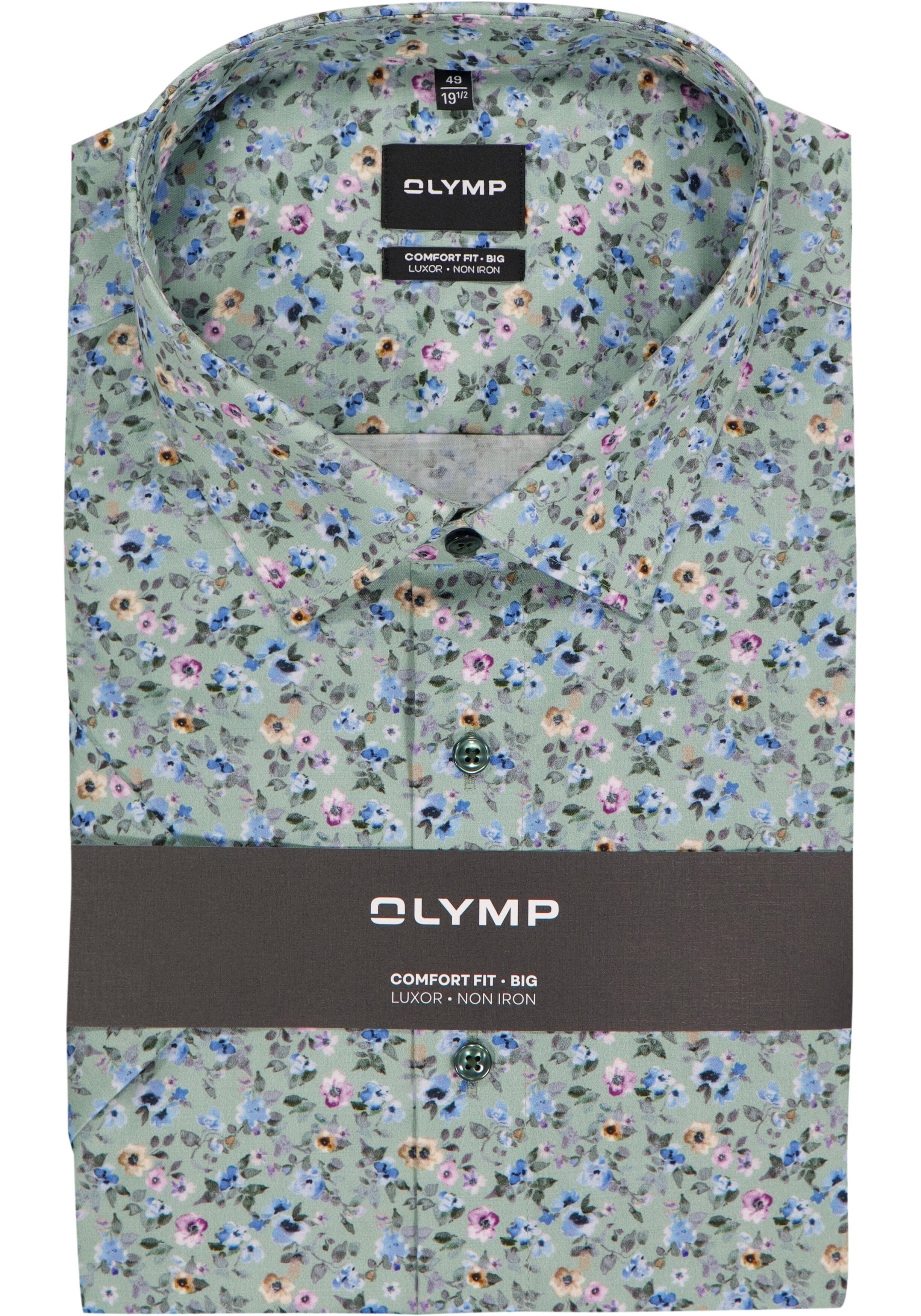 OLYMP Luxor comfort fit Big overhemd, korte mouw, dobby, groen met blauw en roze bloemetjes dessin
