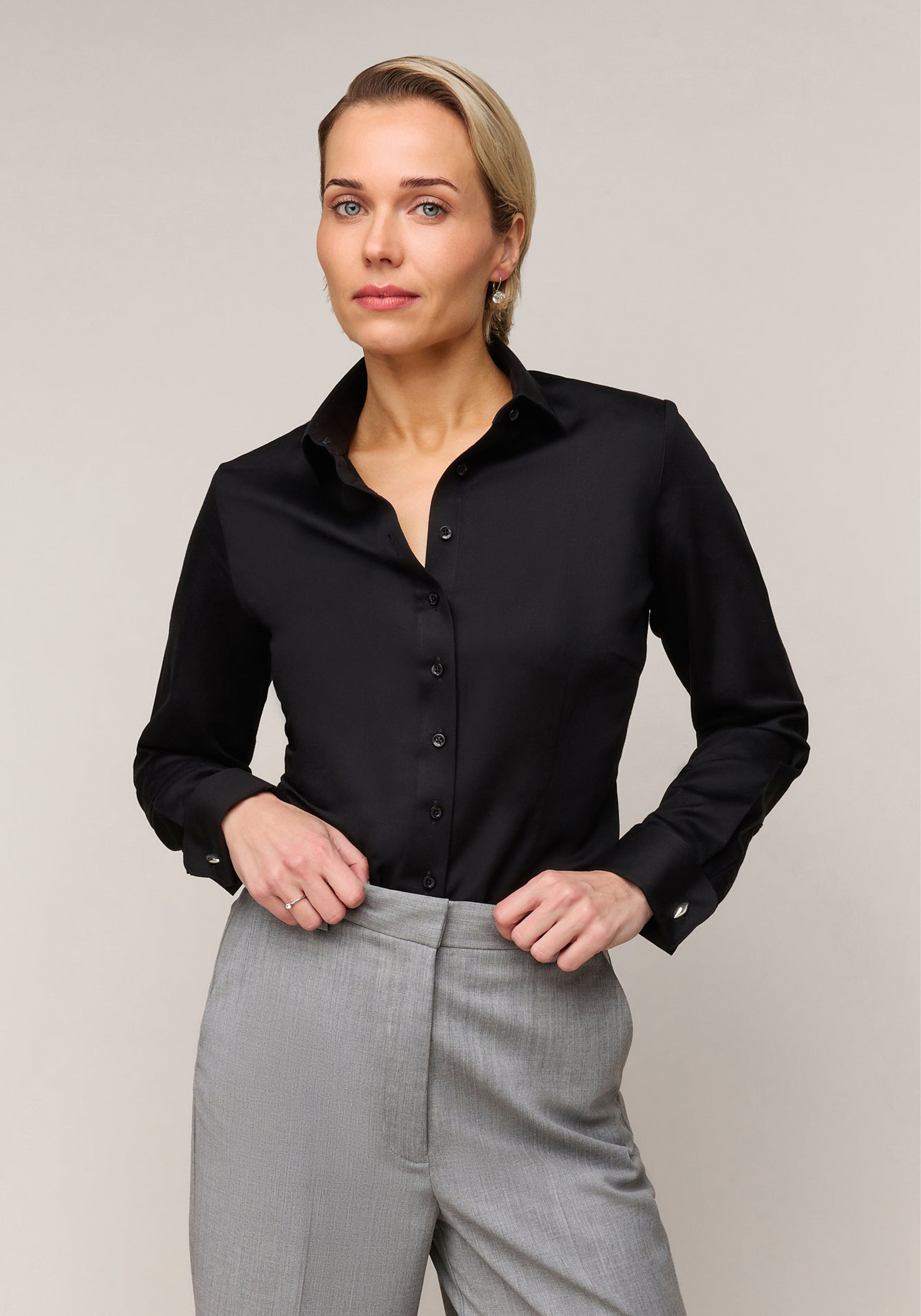 Vander Amsterdam damesblouse slim fit dubbele manchet, twill, zwart