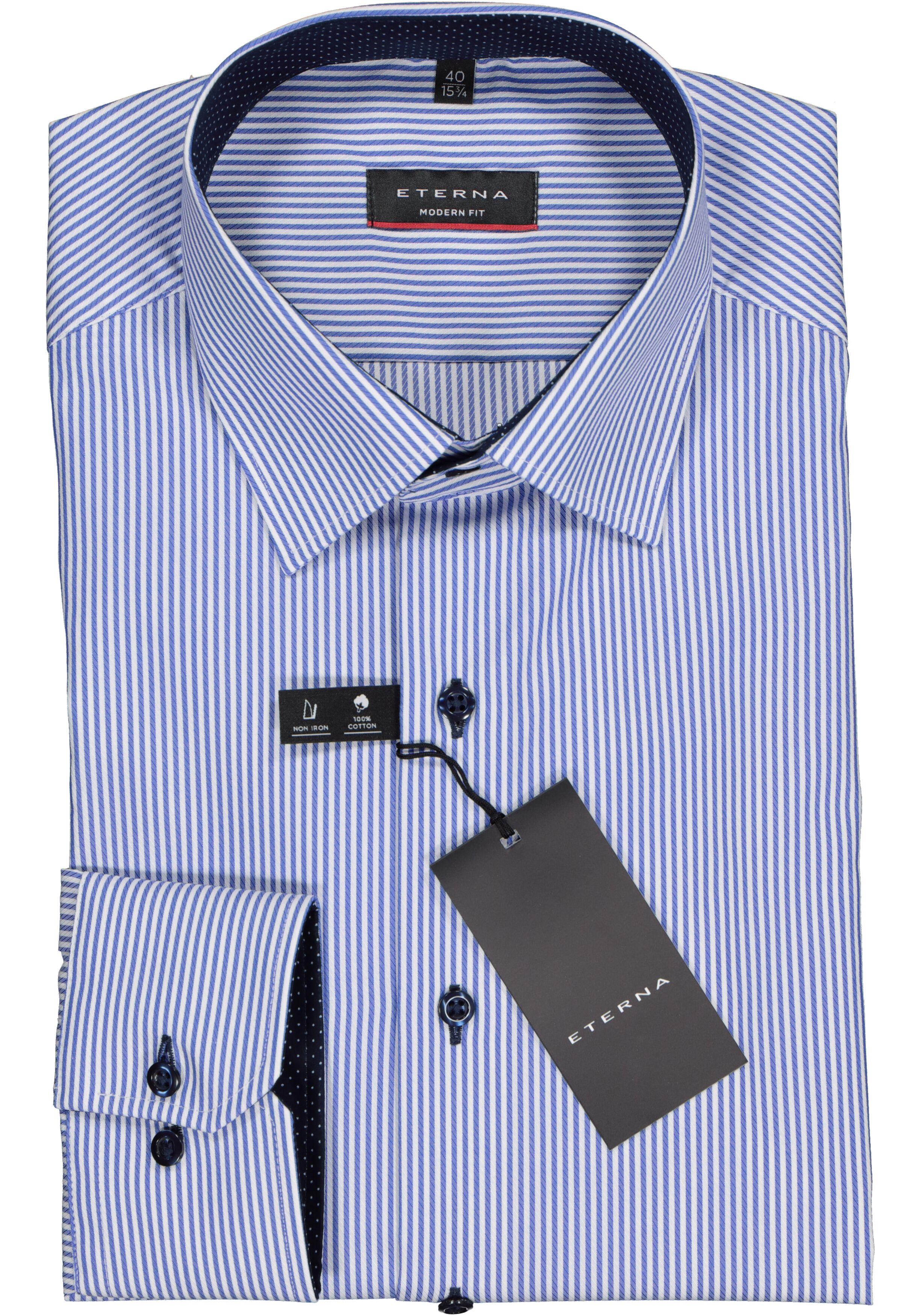ETERNA modern fit overhemd, twill heren overhemd, blauw met wit gestreept (blauw contrast)