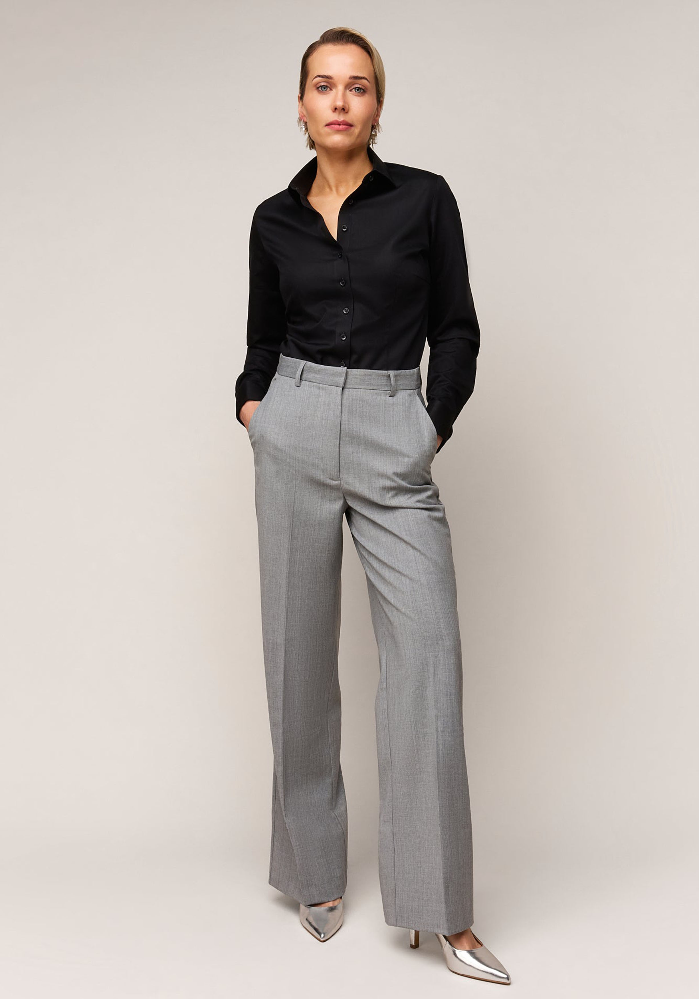 Vander Amsterdam damesblouse slim fit dubbele manchet, twill, zwart