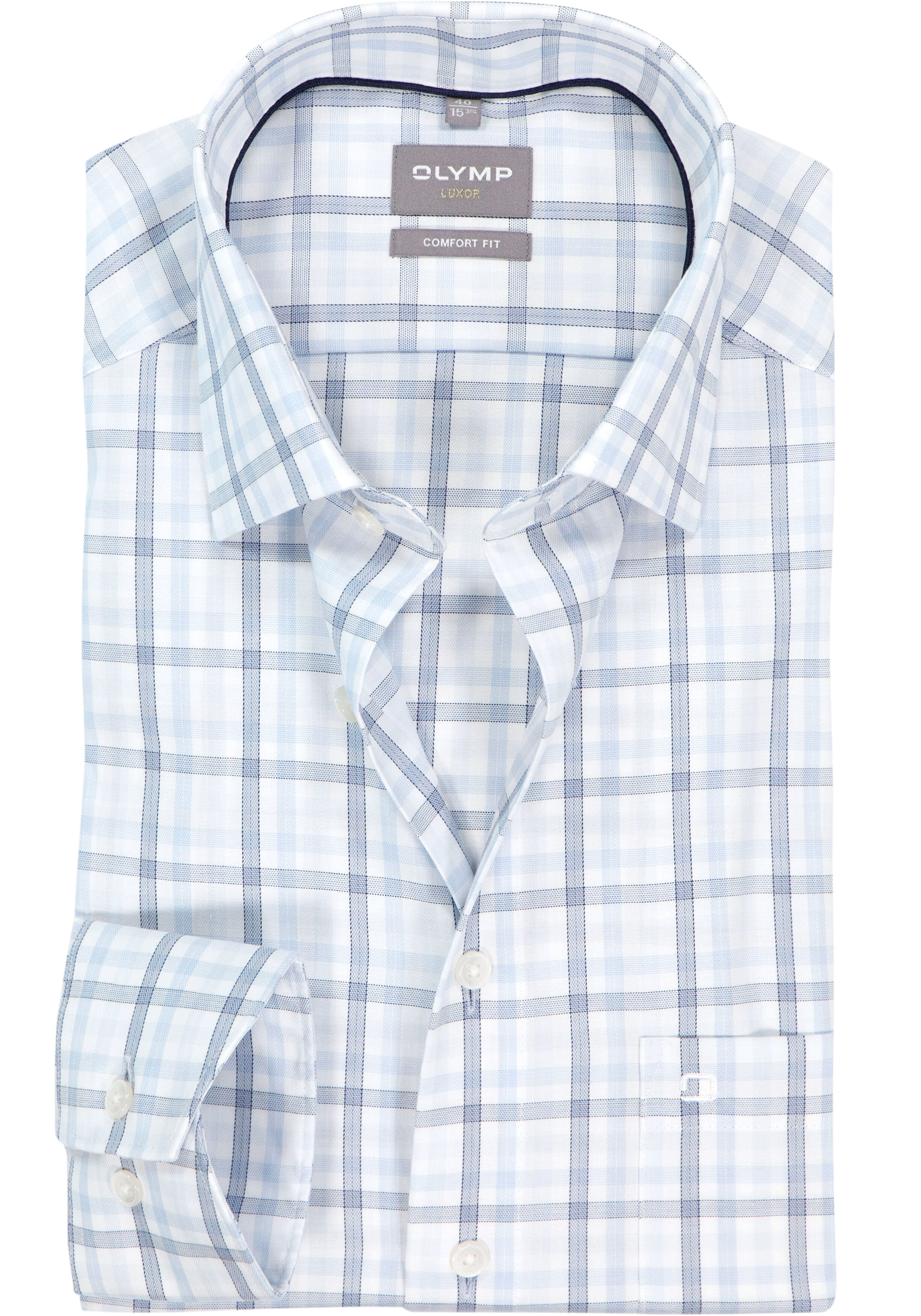 OLYMP Luxor comfort fit overhemd, mouwlengte 7, popeline, wit met licht-en donkerblauw geruit