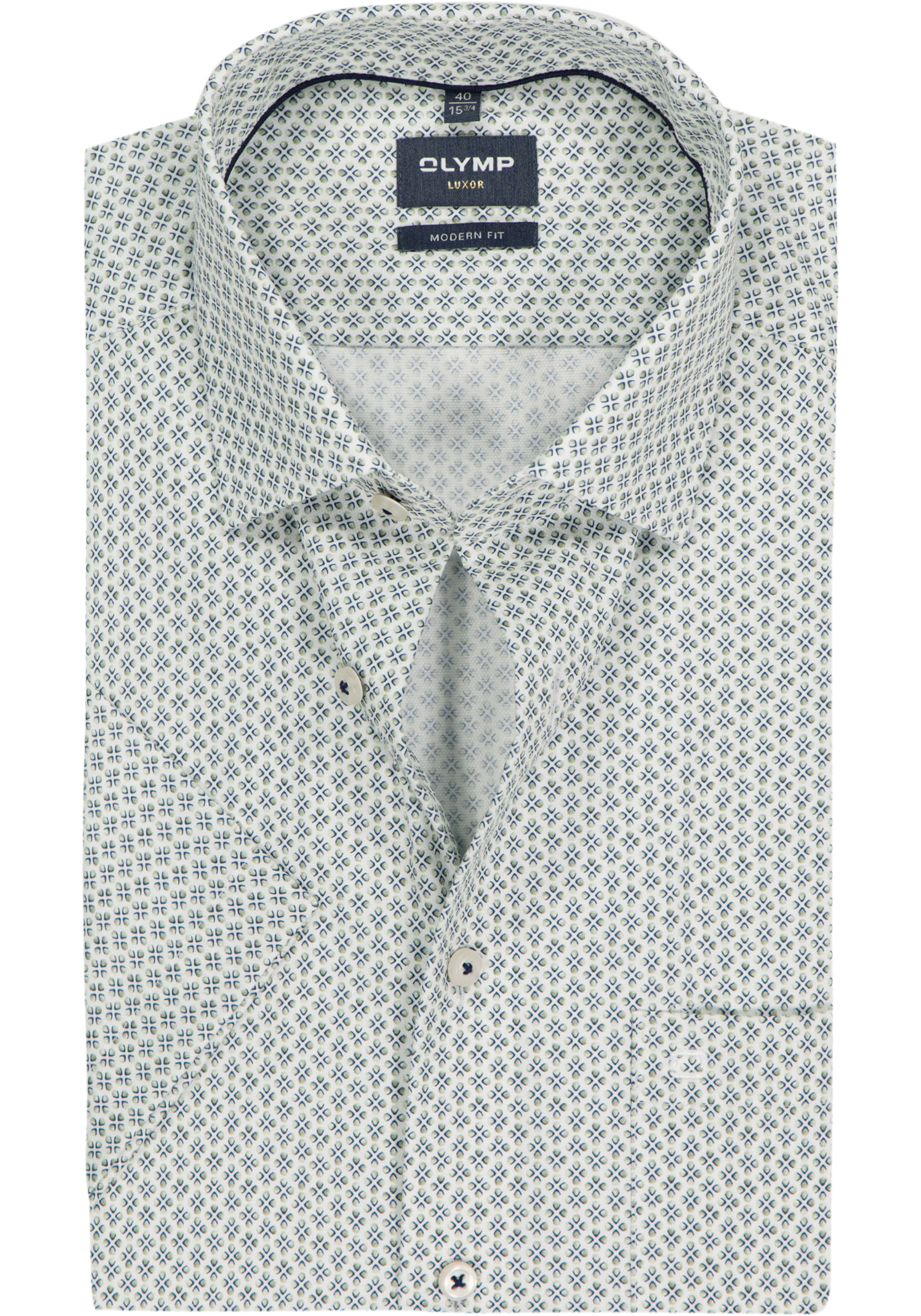 OLYMP Luxor modern fit overhemd, korte mouw, dobby, wit met groen en blauw dessin
