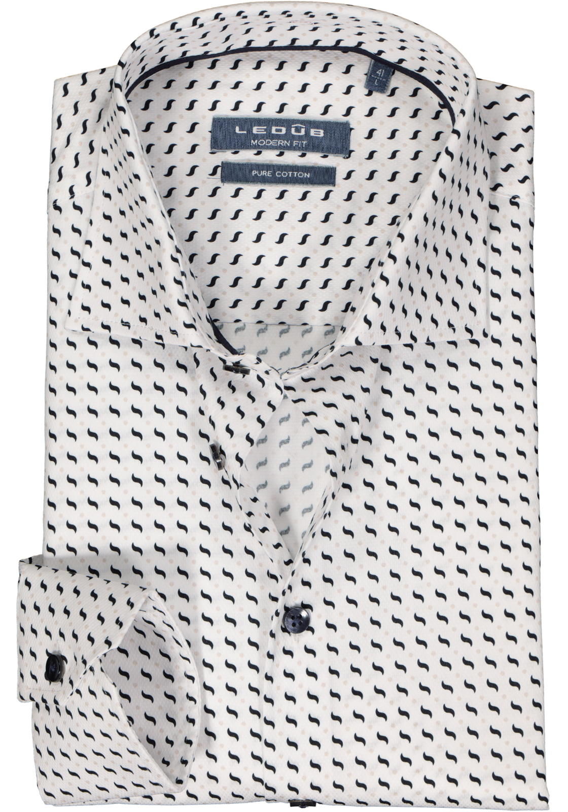 1-8720293954140_Ledub_overhemd_HR Ledub modern fit overhemd, wit met blauw en beige dessin