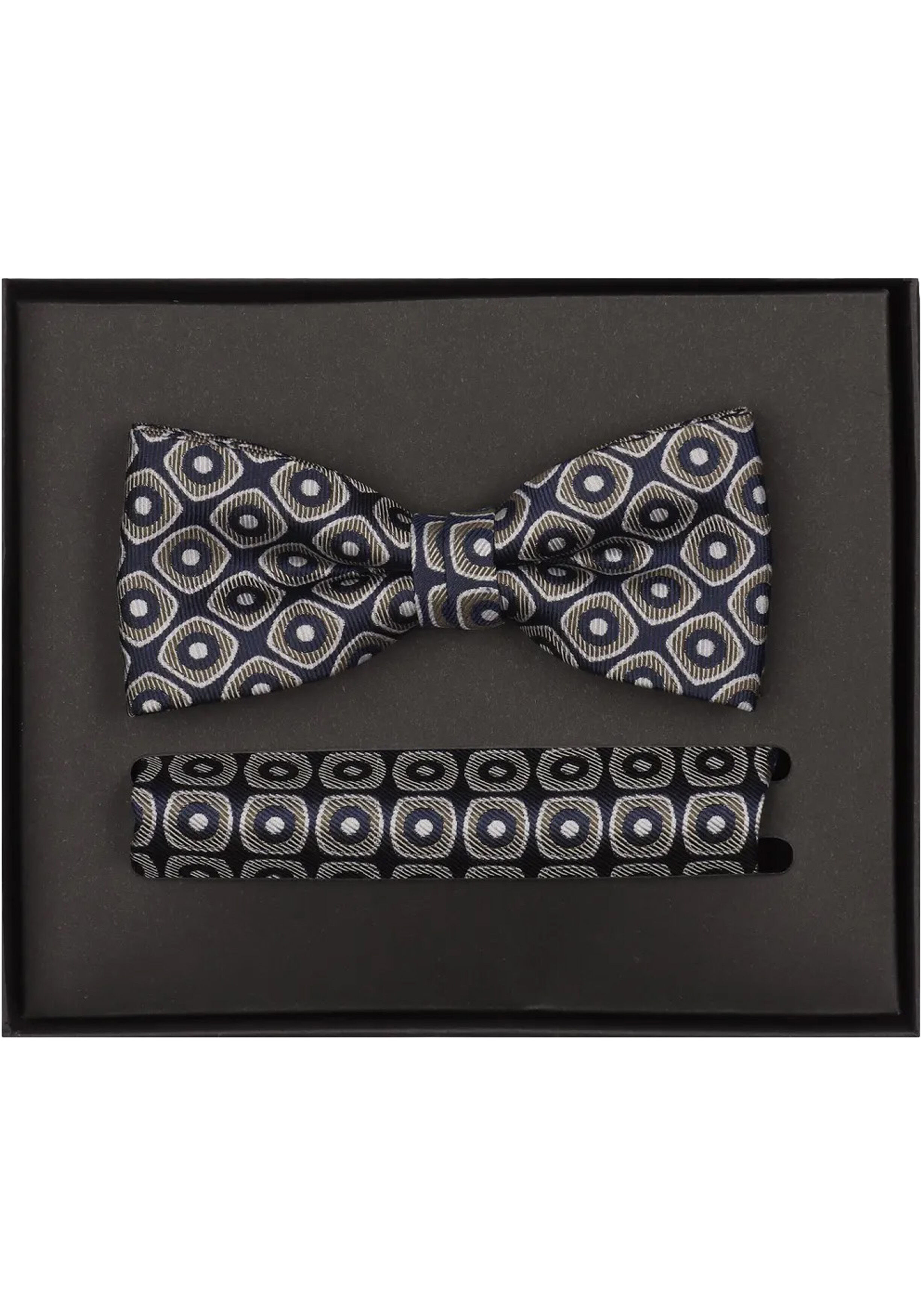 VENTI set met vlinderdas en pochet, donkerblauw, beige, wit dessin