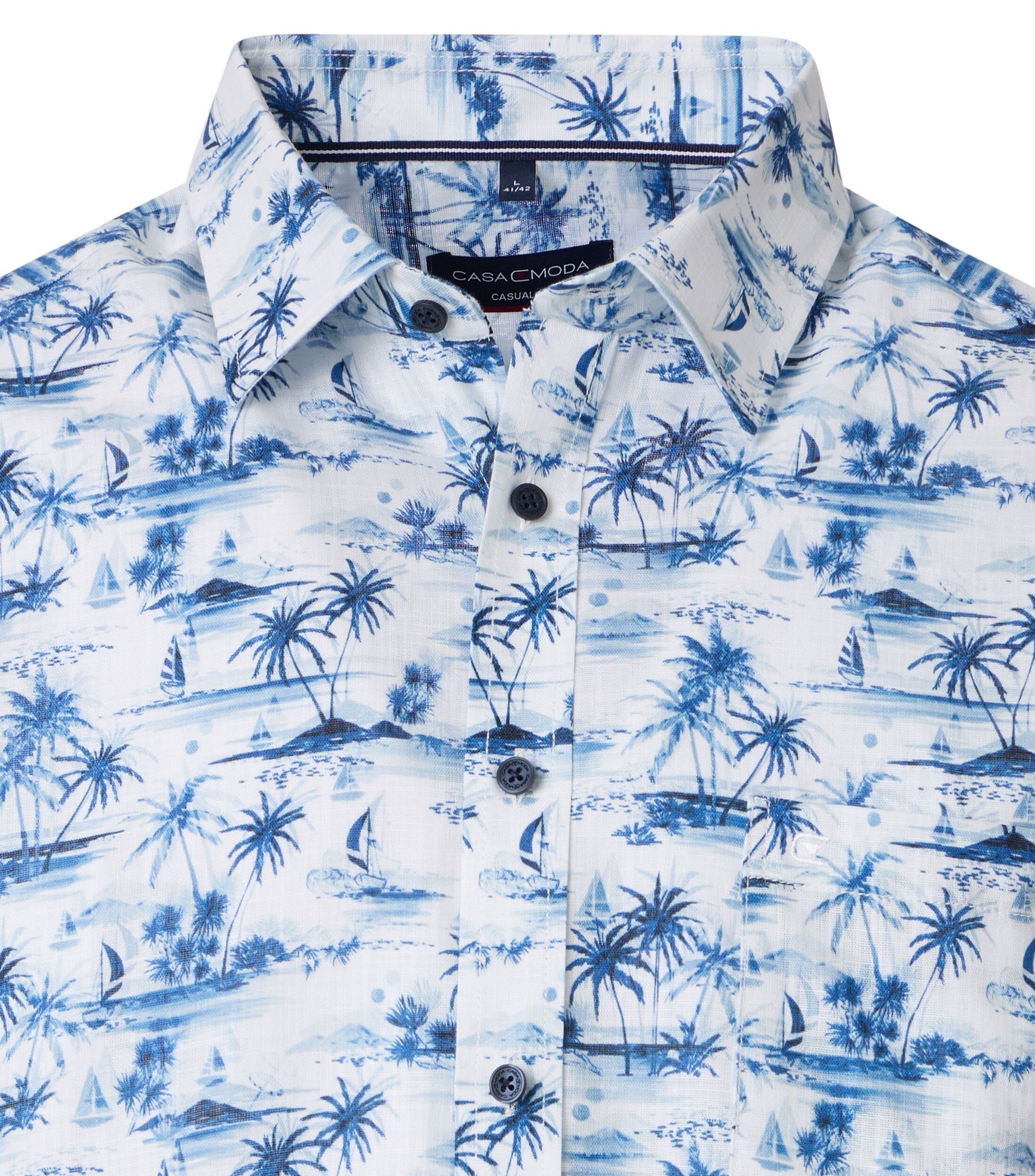 CASA MODA Sport casual fit overhemd, korte mouw, chambray, wit met licht- en donkerblauw palmbomen dessin