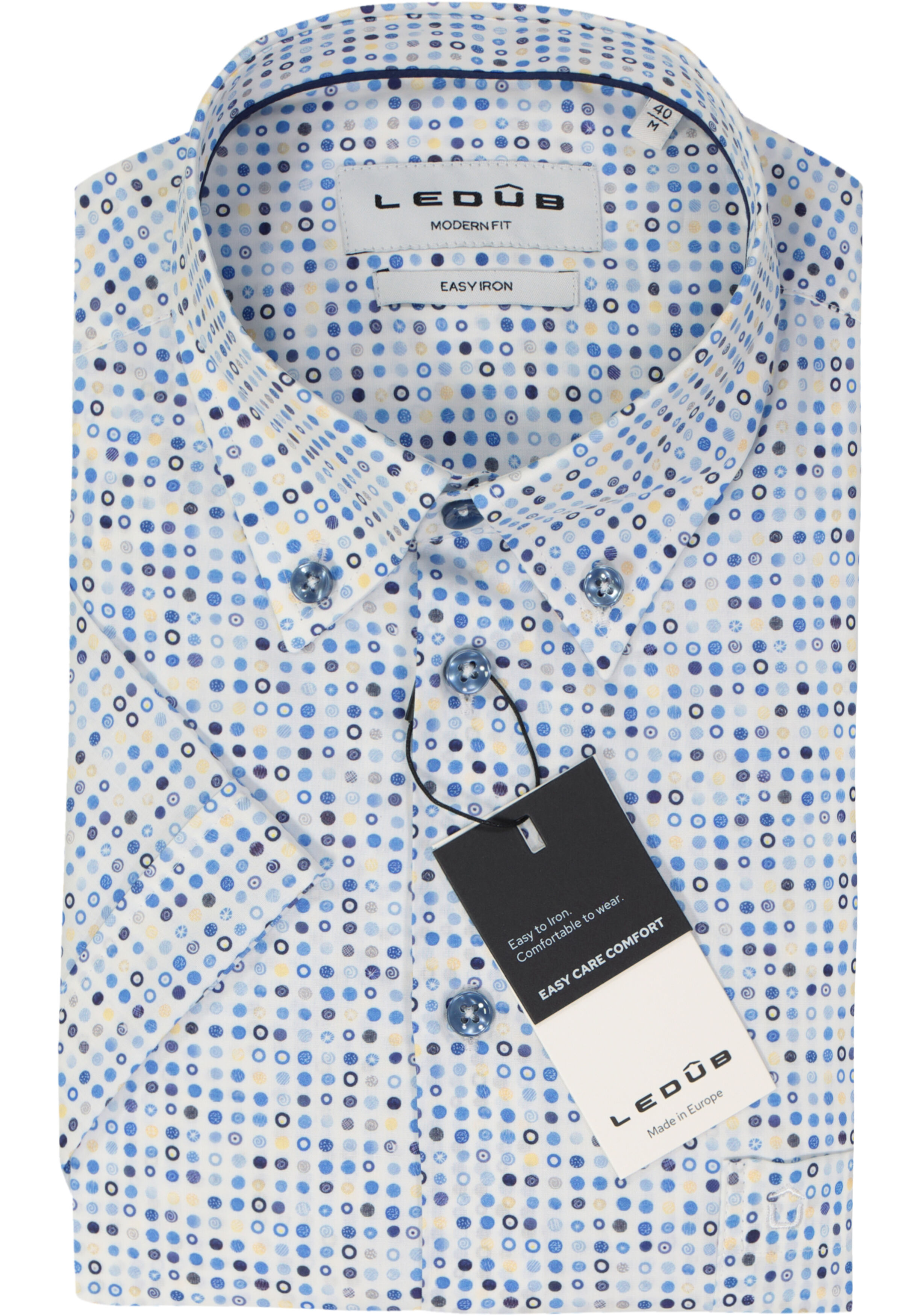Ledub modern fit overhemd, korte mouw, popeline, wit met blauw en geel dessin