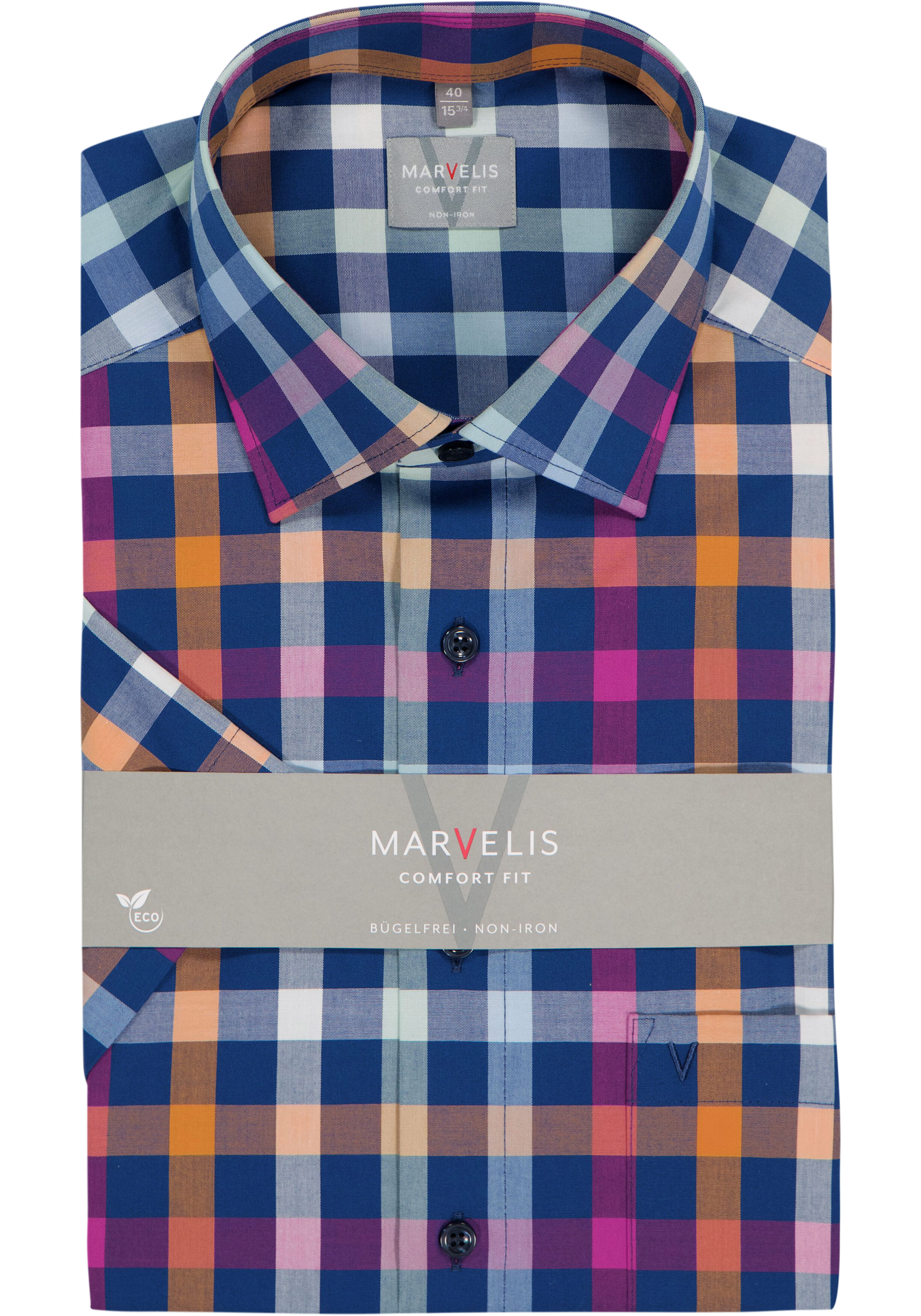 MARVELIS comfort fit overhemd, korte mouw, popeline, donkerblauw met roze bruin en groen geruit
