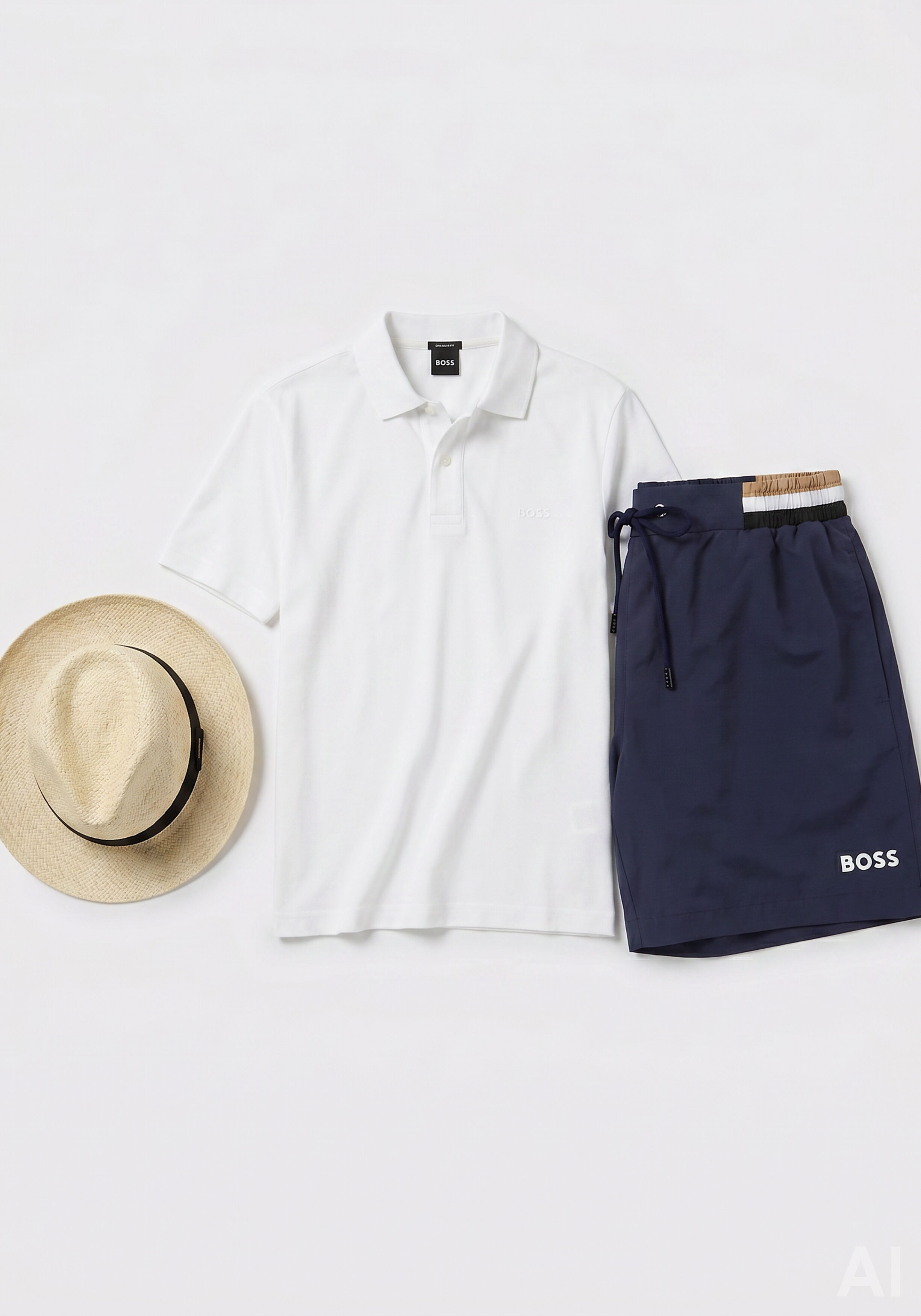 Shop de look: HUGO BOSS zomer 2026 heren strandset navy met wit
