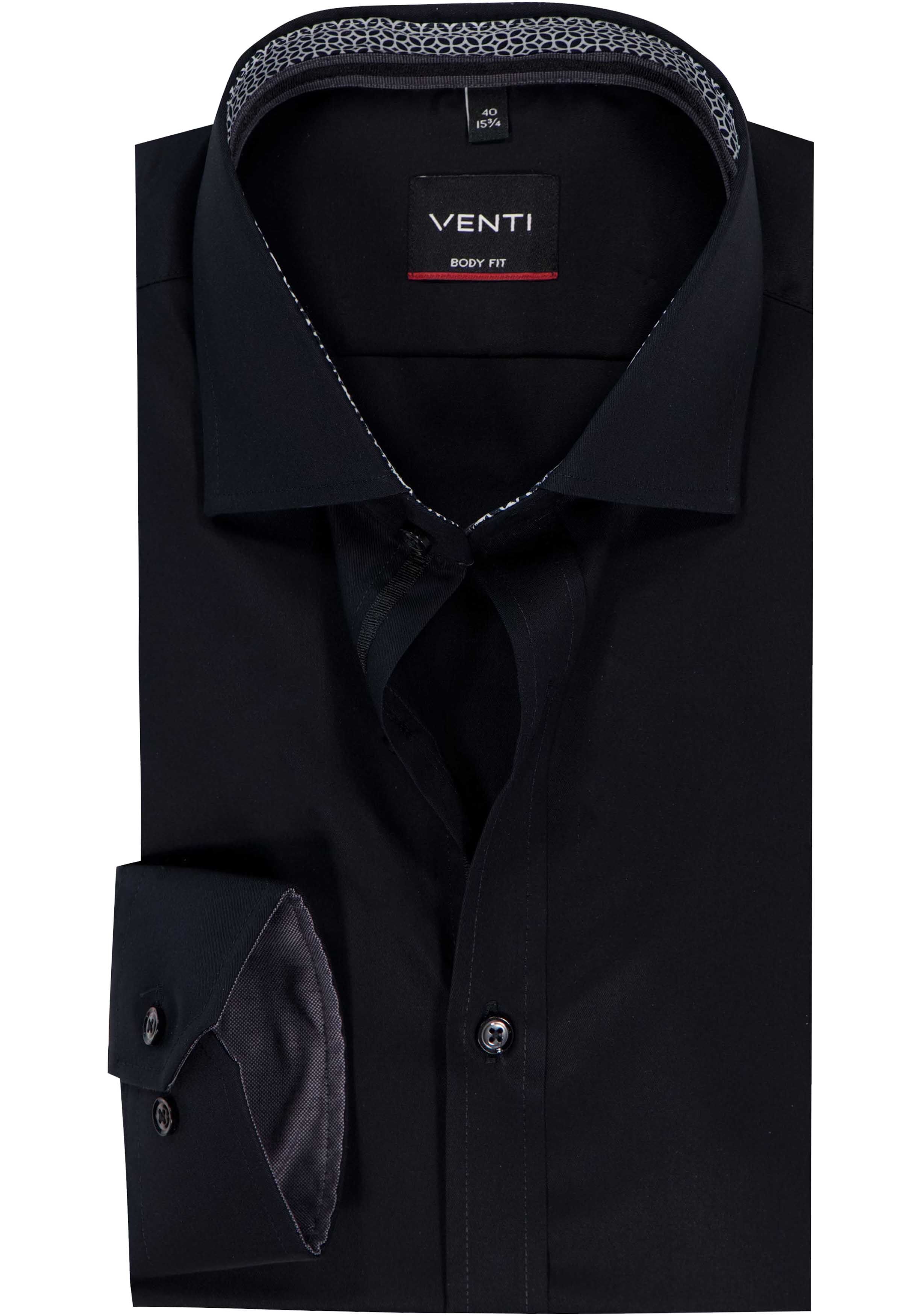VENTI body fit overhemd, zwart twill (contrast)