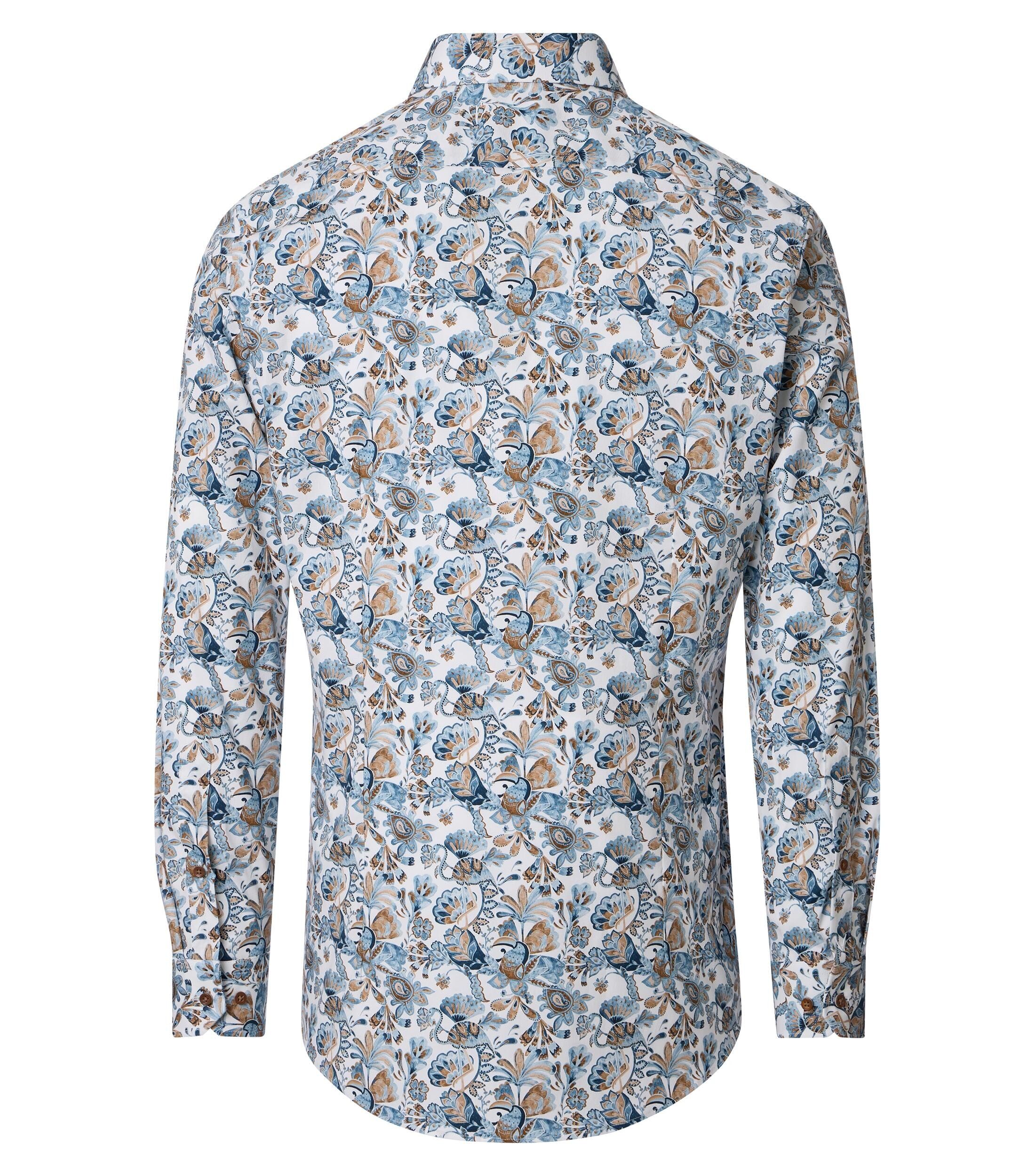 VENTI body fit overhemd, popeline, wit, blauw, bruin dessin