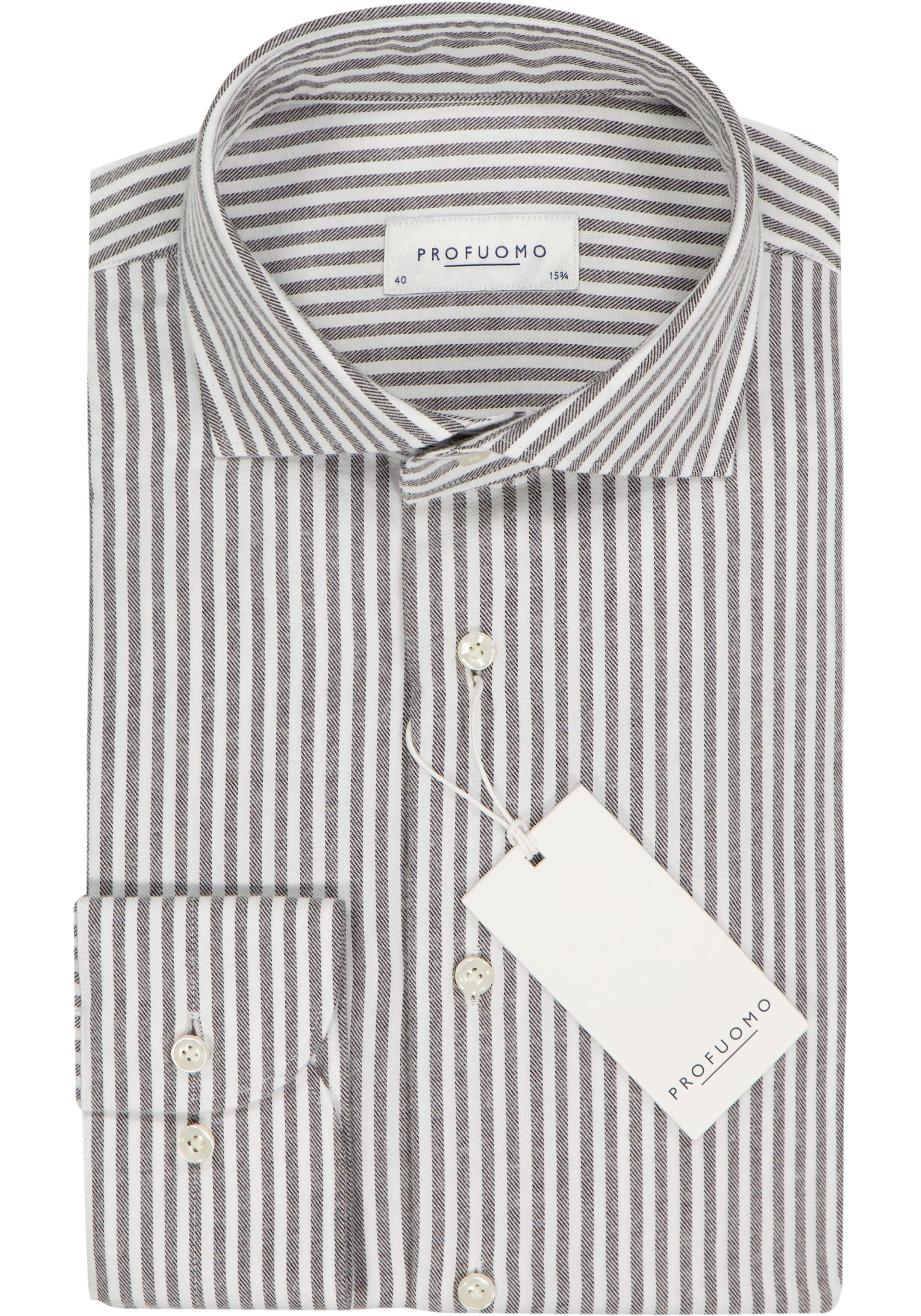 Profuomo slim fit heren overhemd, flanel, bruin gestreept