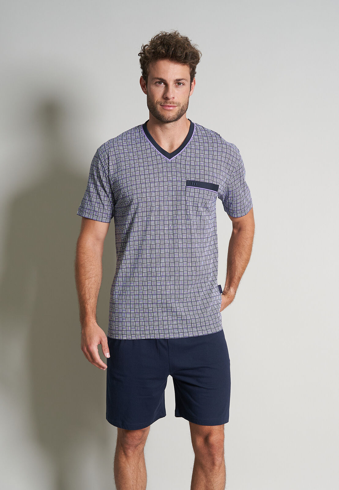 Gotzburg heren shortama V-hals, donkerblauw dessin