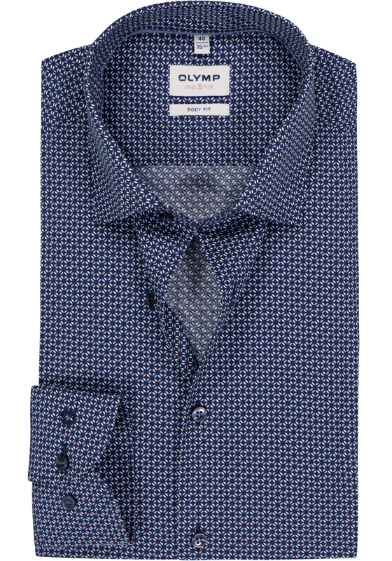OLYMP Level 5 body fit overhemd, mouwlengte 7, popeline, marine blauw dessin OLYMP Level 5 body fit overhemd, mouwlengte 7, popeline, marine blauw dessin