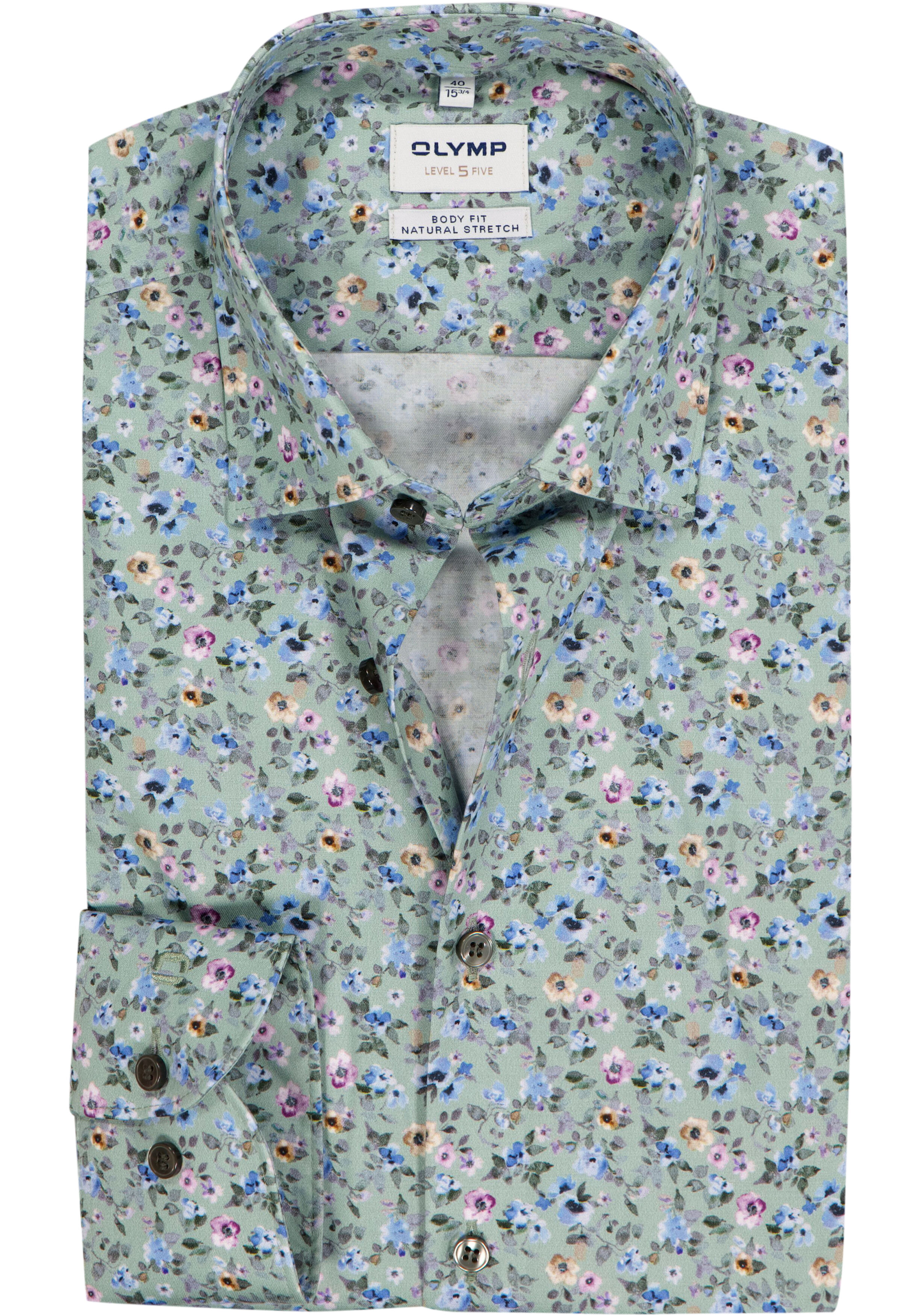 OLYMP Level 5 body fit overhemd, mouwlengte 7, dobby, groen met blauw en roze bloemetjes dessin
