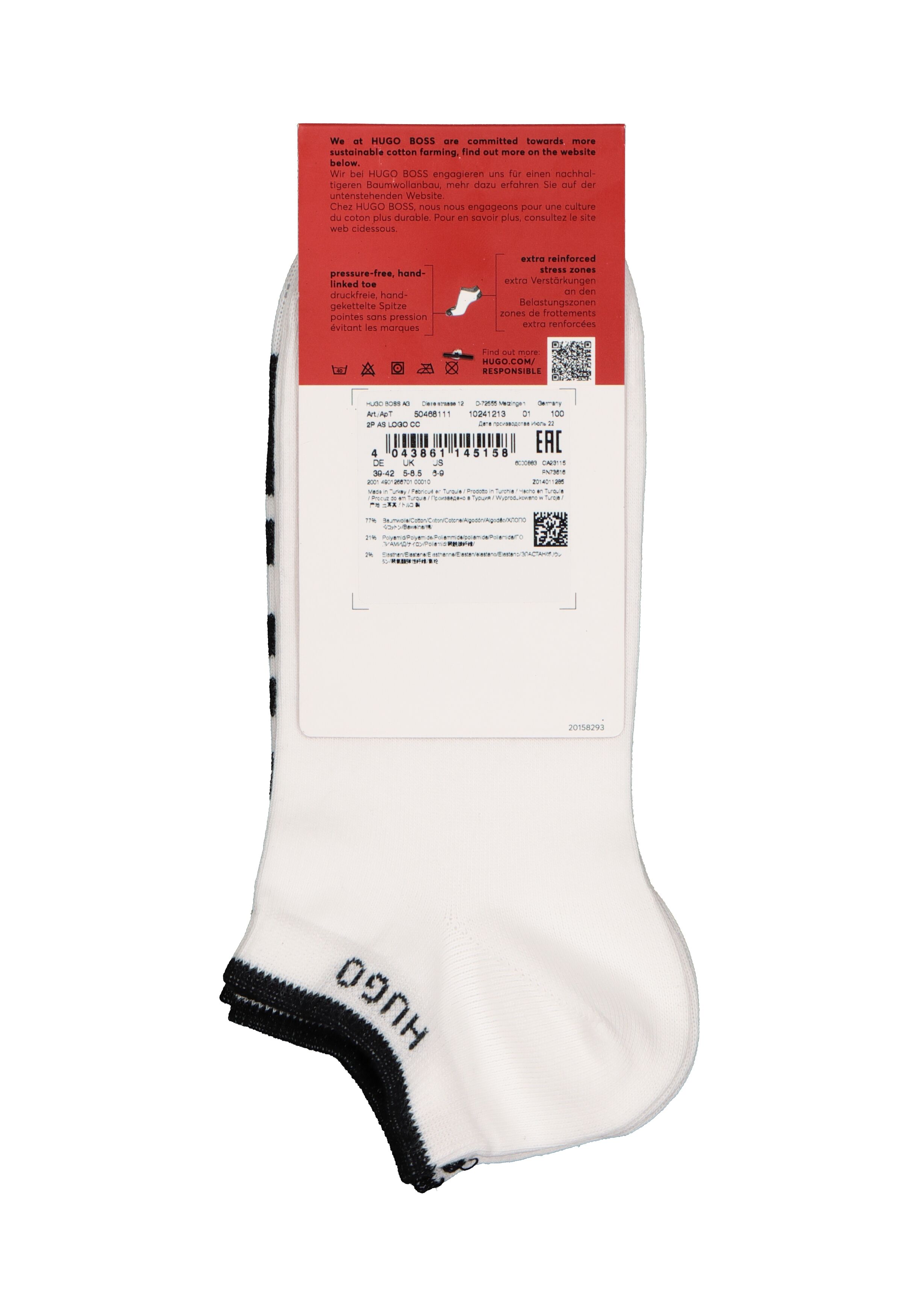 HUGO logo sokken (2-pack), heren enkelsokken, wit