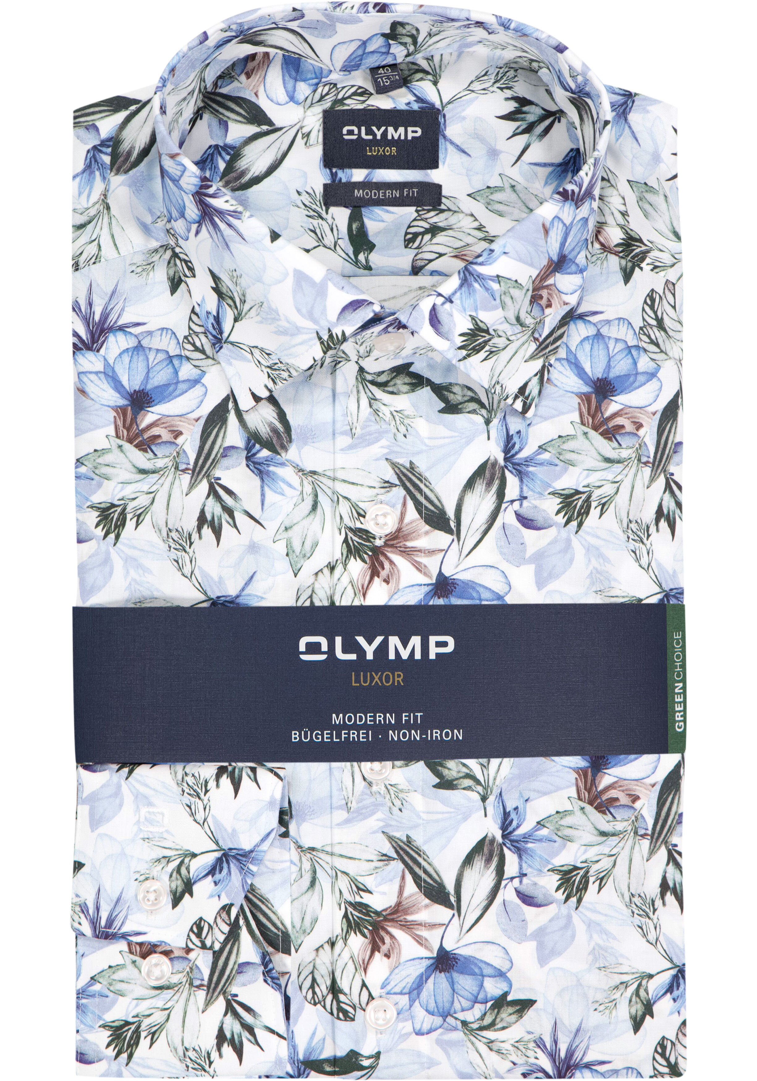 OLYMP Luxor modern fit overhemd, dobby, wit met blauw en groen bloemen dessin