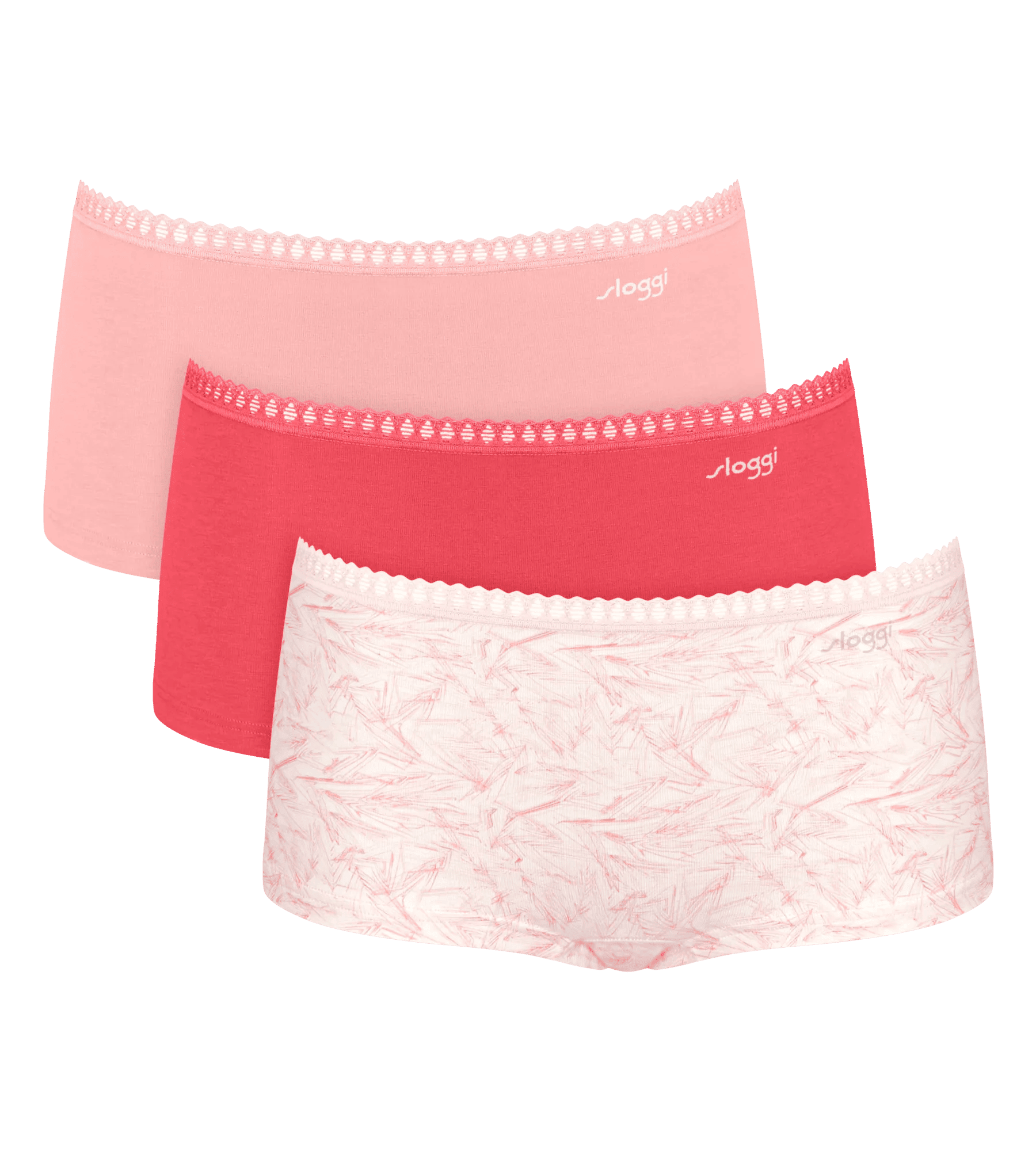 Sloggi Women GO Crush Short (3-pack), dames boxer, lichroze, flamingo roze en roze met wit dessin