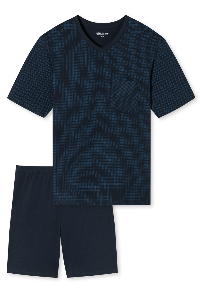 SCHIESSER Cotton Essentials Pyjama kort, heren shortama set, nachtblauw geruit