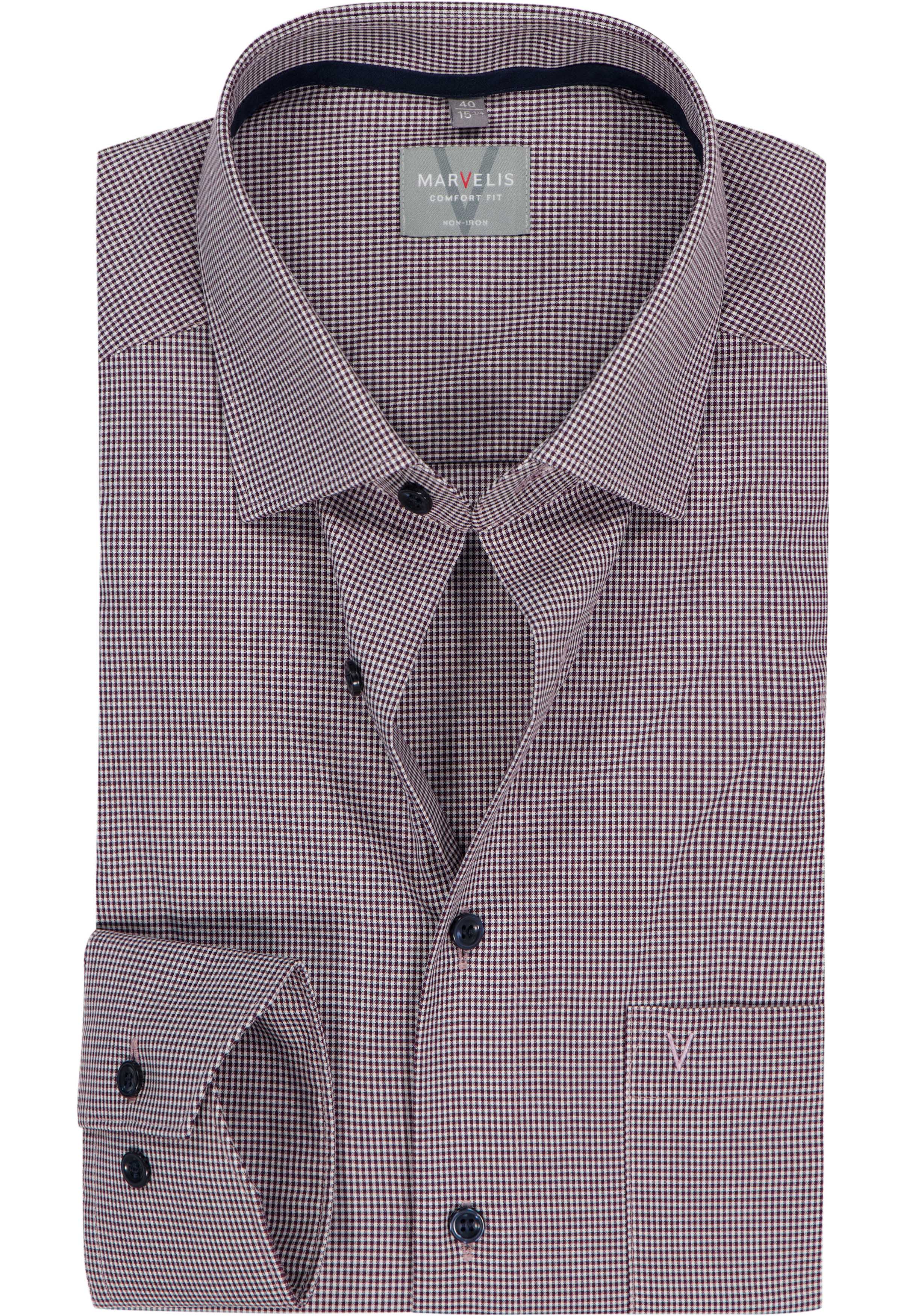 MARVELIS comfort fit overhemd, popeline, bordeauxrood met wit geruit