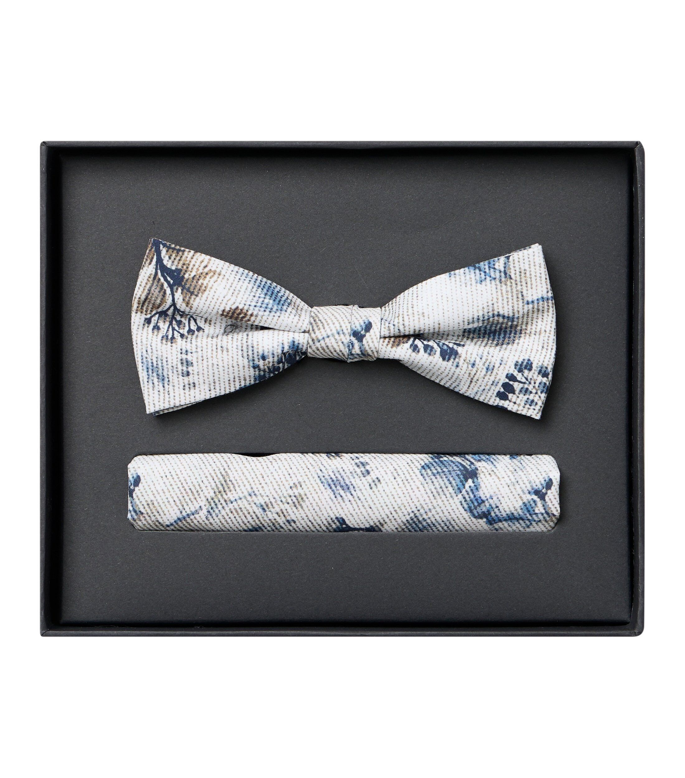 VENTI set met vlinderdas en pochet, wit, blauw, bruin dessin