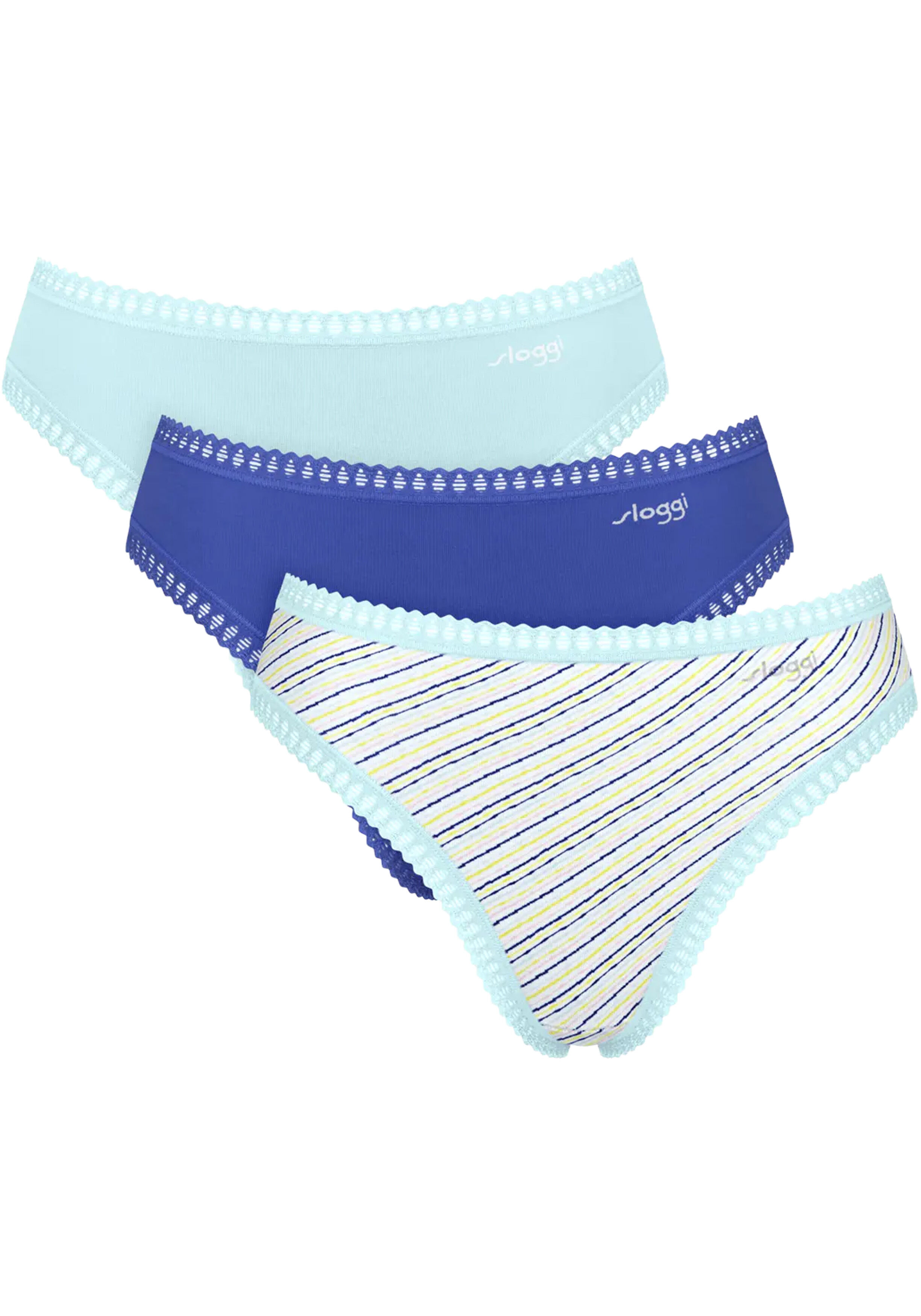 Sloggi Women GO Crush High leg (3-pack), dames slip, lichtblauw, kobaltblauw en blauw, wit en geel gestreept