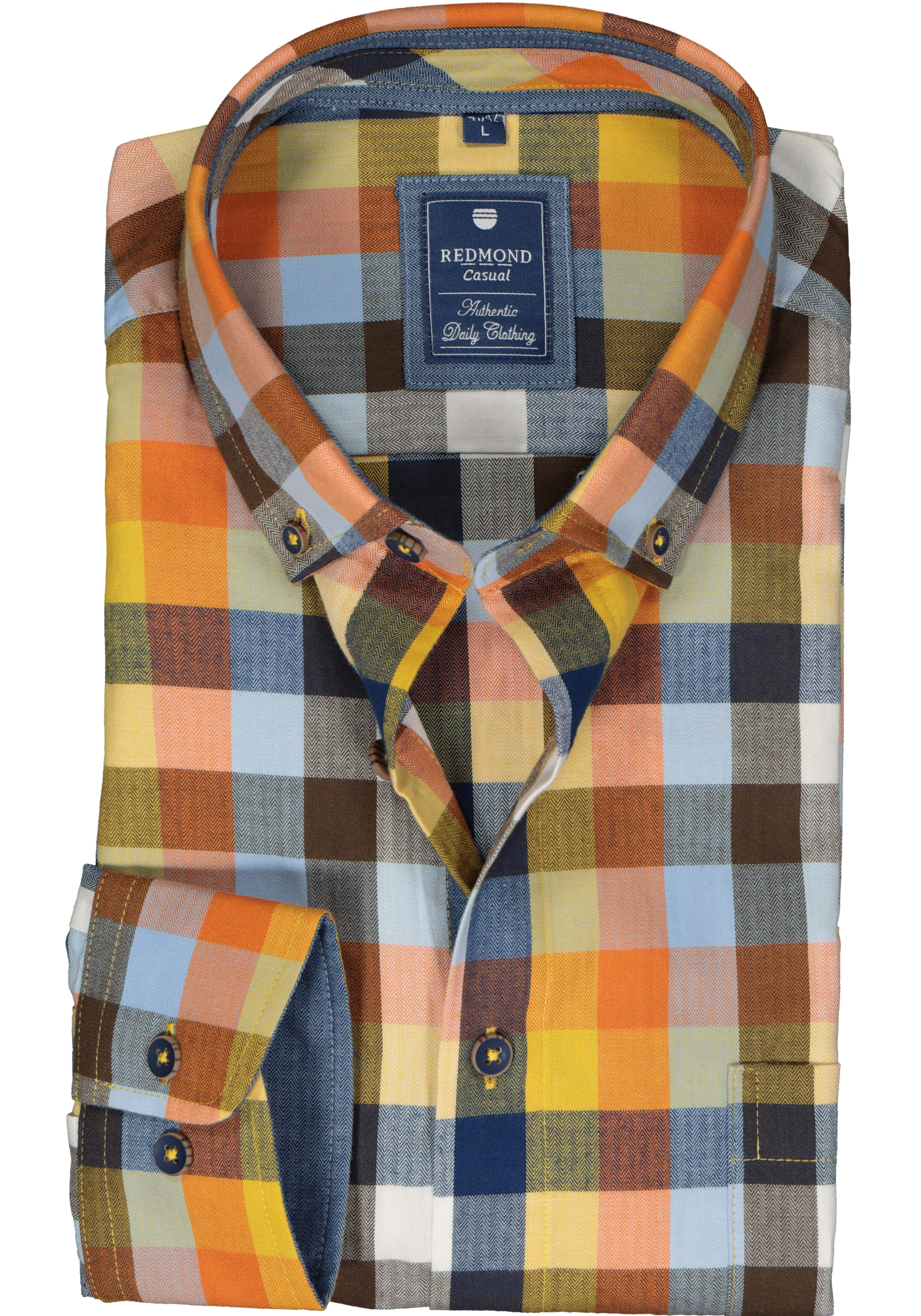 Redmond regular fit overhemd, herringbone, blauw, oranje en geel geruit