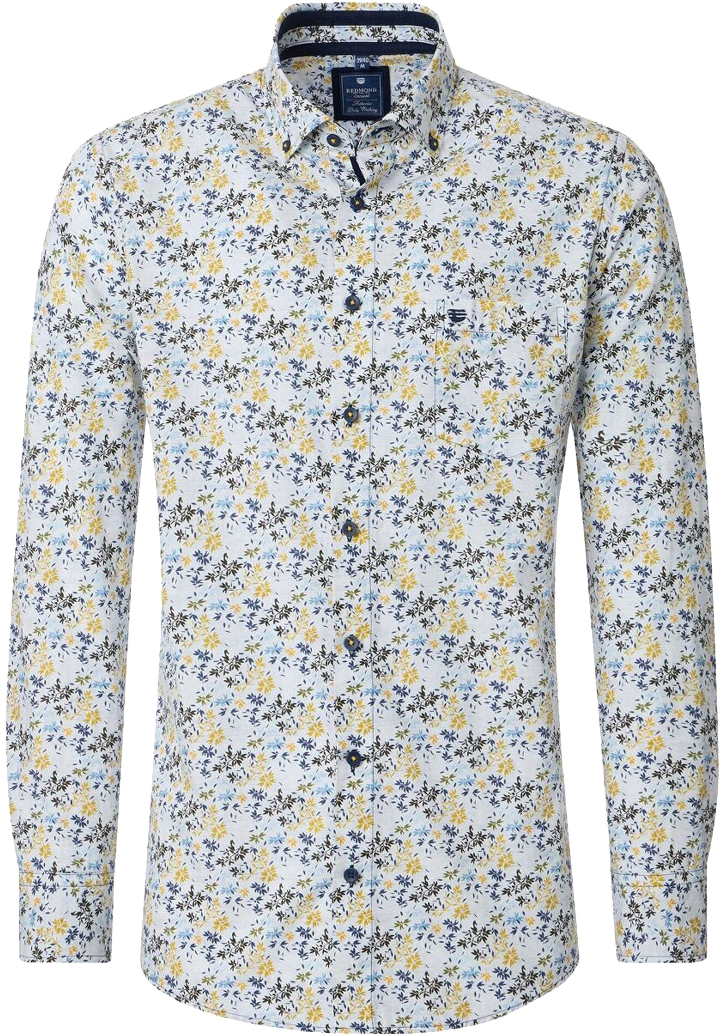 Redmond modern fit overhemd, popeline, wit met blauw en geel dessin