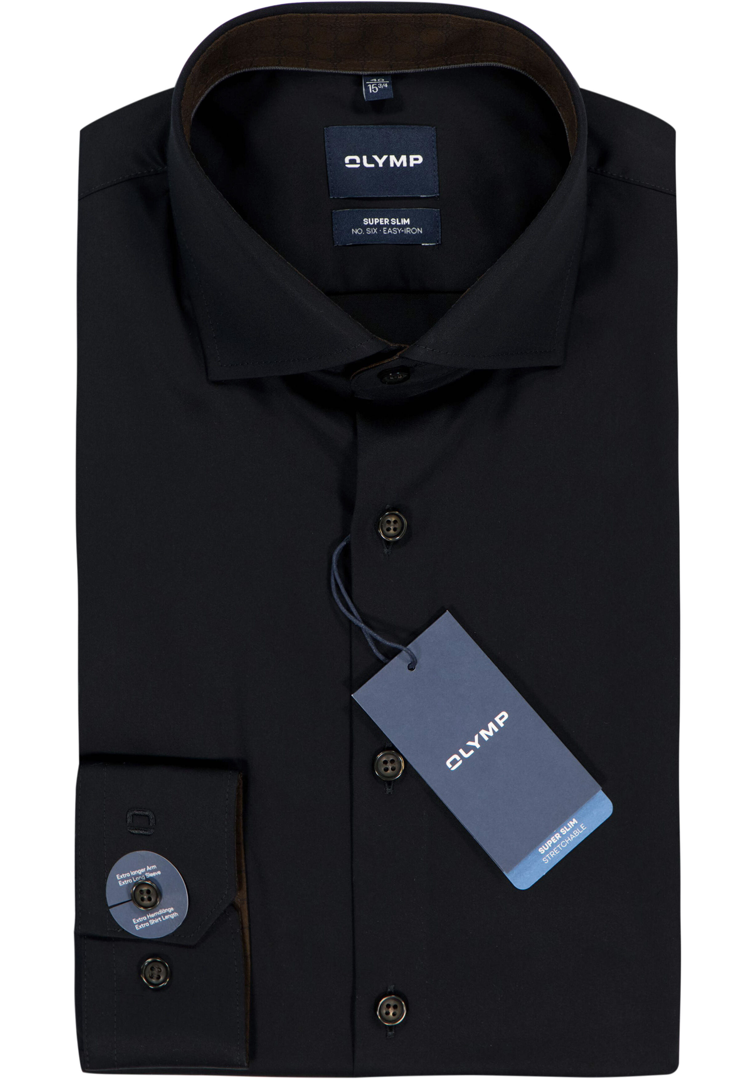 OLYMP No. 6 Six super slim fit overhemd, mouwlengte 7, satijnbinding, zwart