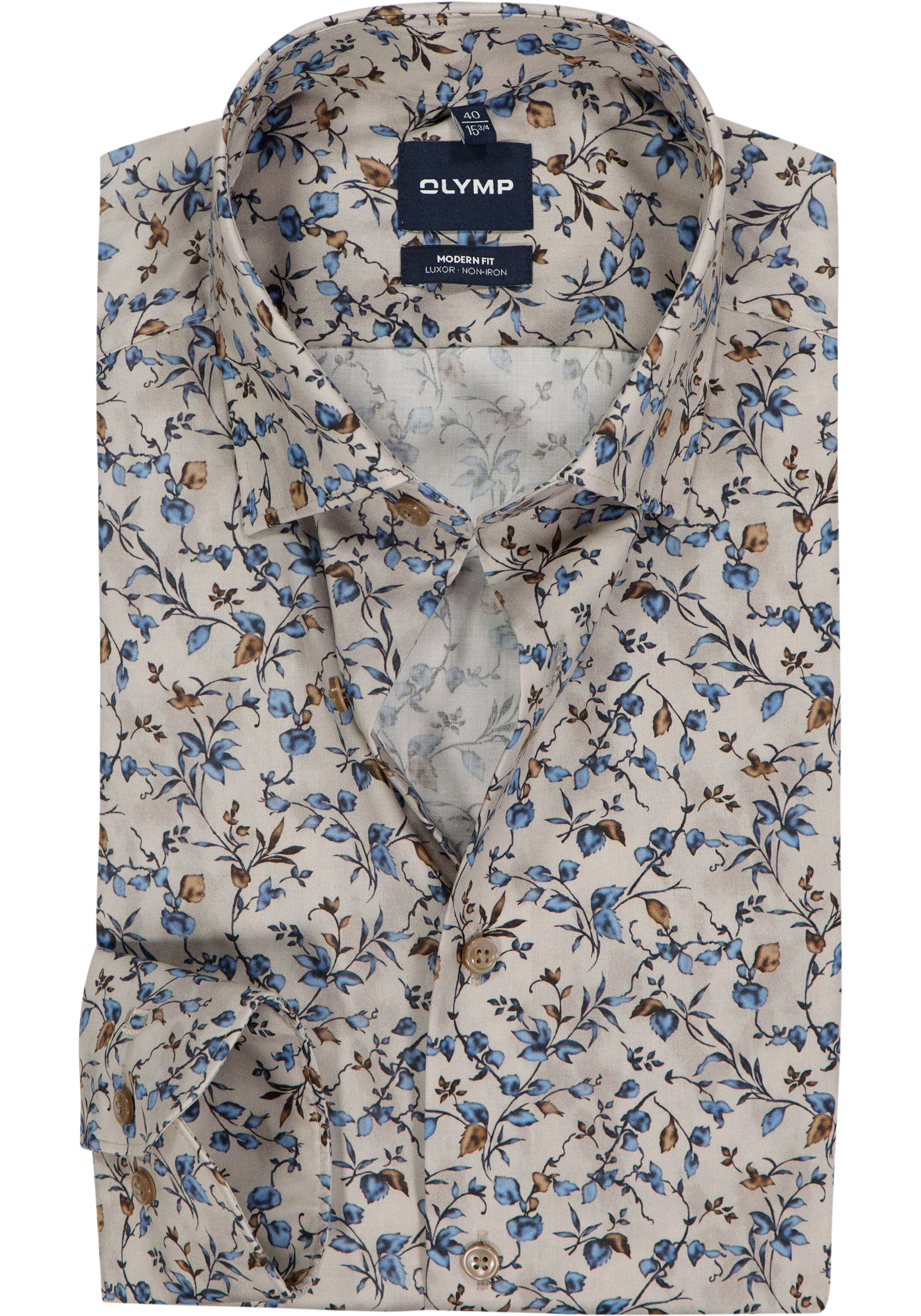 OLYMP Luxor modern fit overhemd, dobby, beige met blauw en groen dessin