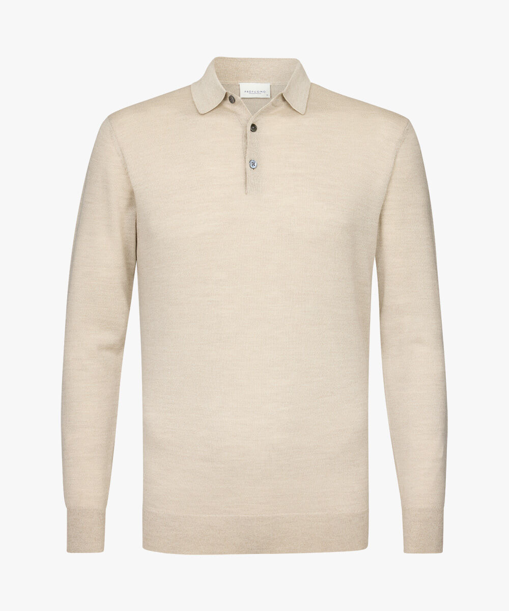 Profuomo heren trui wol, slim fit gebreide polo lange mouw, beige
