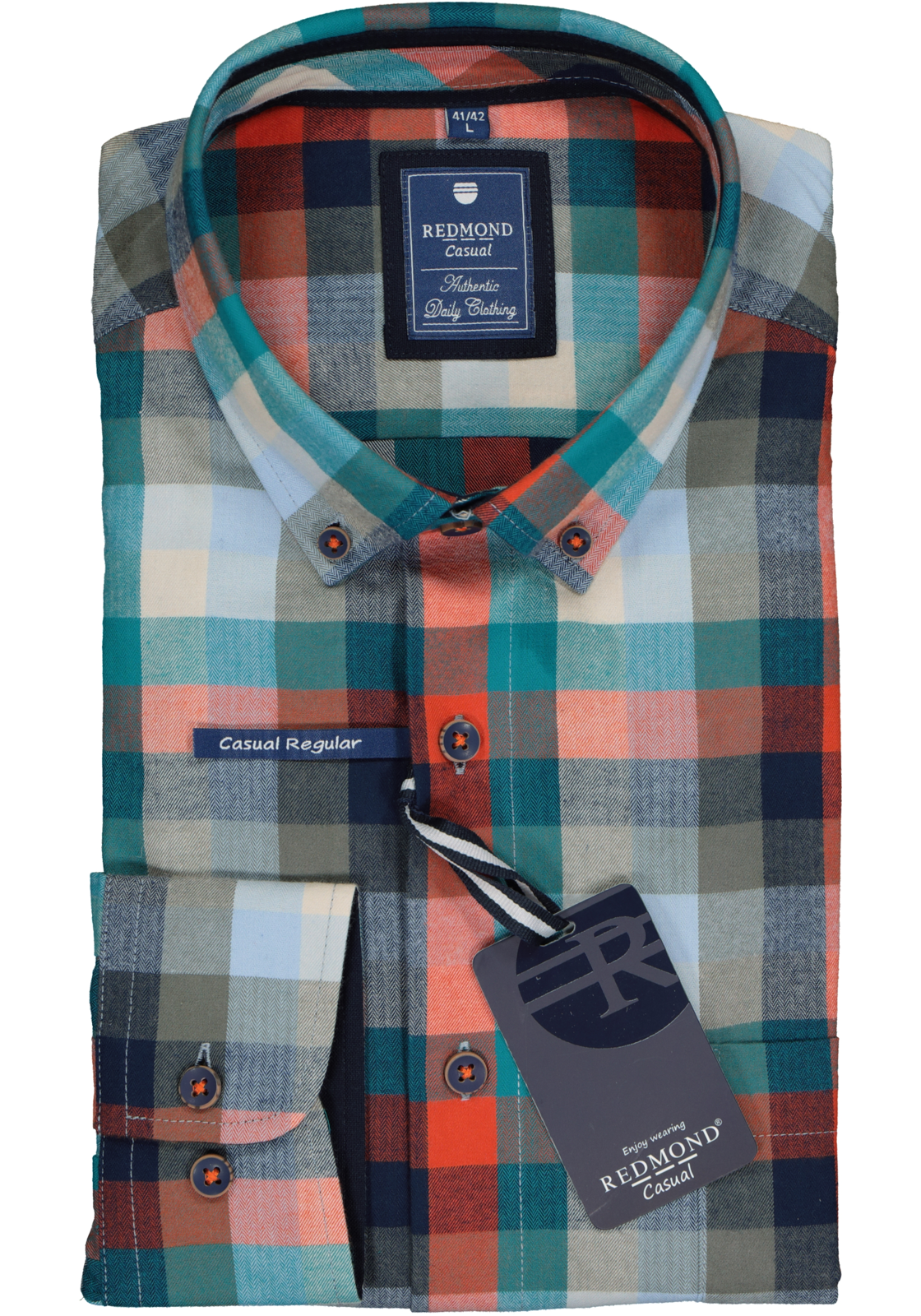 2-4061933261988_redmond_overhemd_HR Redmond regular fit overhemd, visgraad, blauw met groen en rood geruit (contrast)