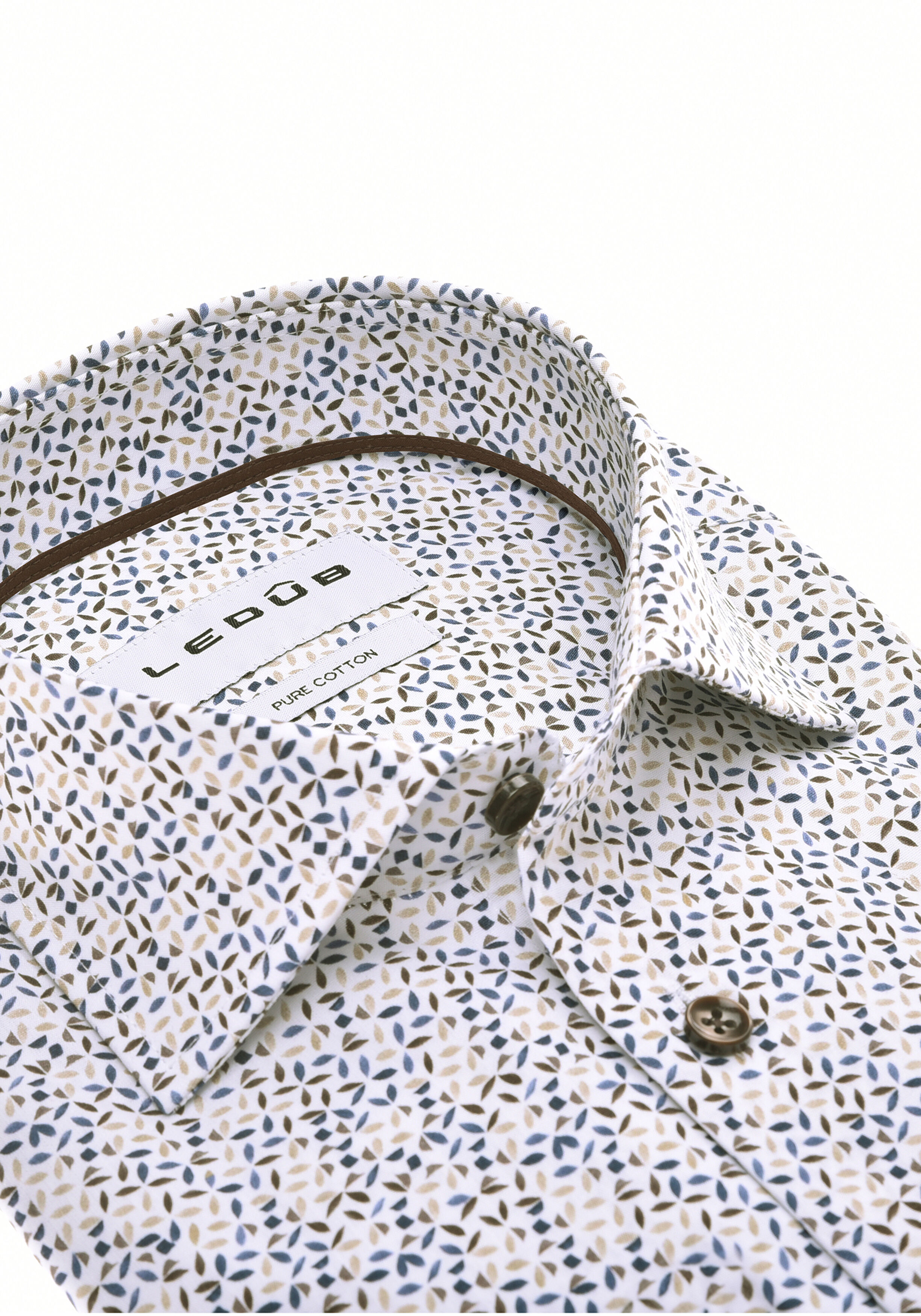Ledub modern fit overhemd, popeline, wit met blauw, bruin en beige dessin