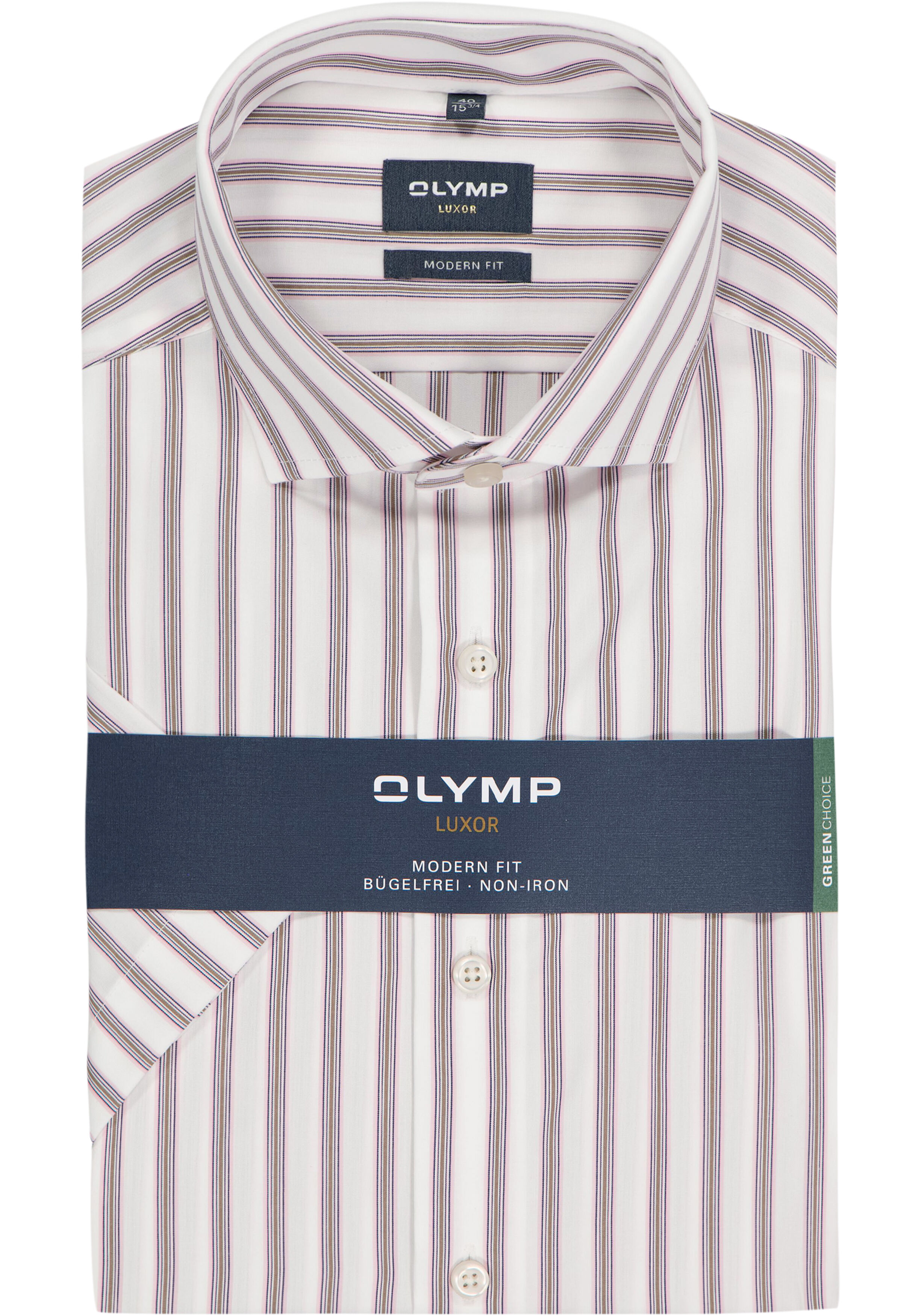 OLYMP Luxor modern fit overhemd, korte mouw, popeline, wit met roze blauw en bruin gestreept