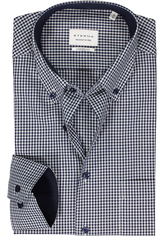 ETERNA comfort fit overhemd, popeline, middenblauw met wit geruit (contrast) ETERNA comfort fit overhemd, popeline, middenblauw met wit geruit (contrast)