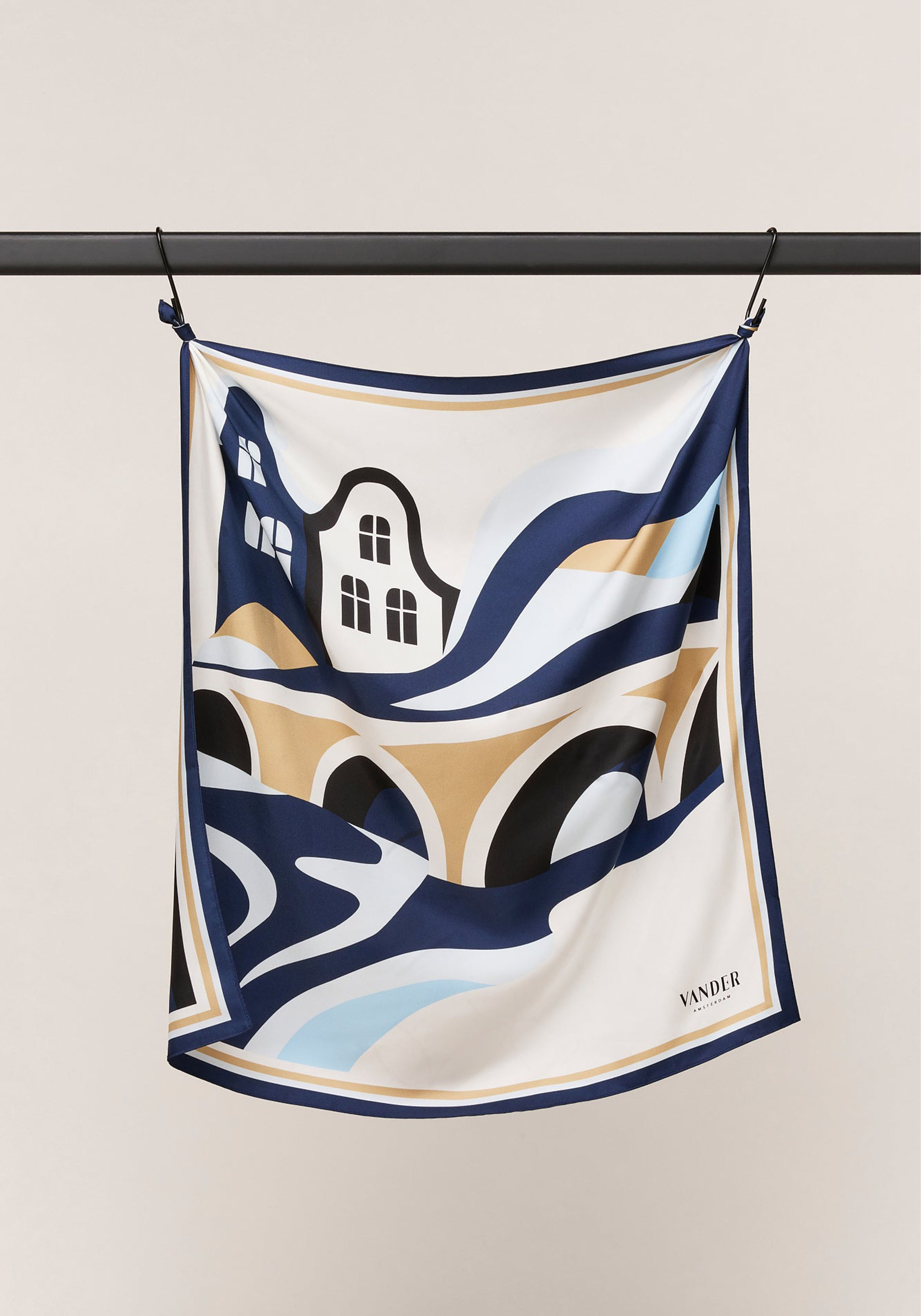 Vander Amsterdam zijden sjaal, twill, blauw met beige dessin