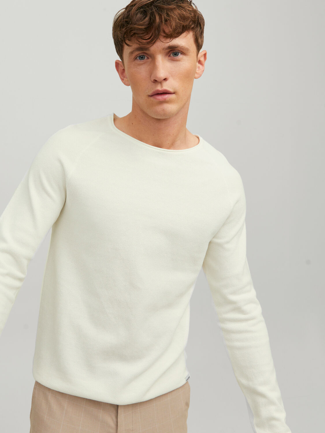 JACK & JONES Hill knit crew neck slim fit, heren pullover katoen met O-hals, offwhite