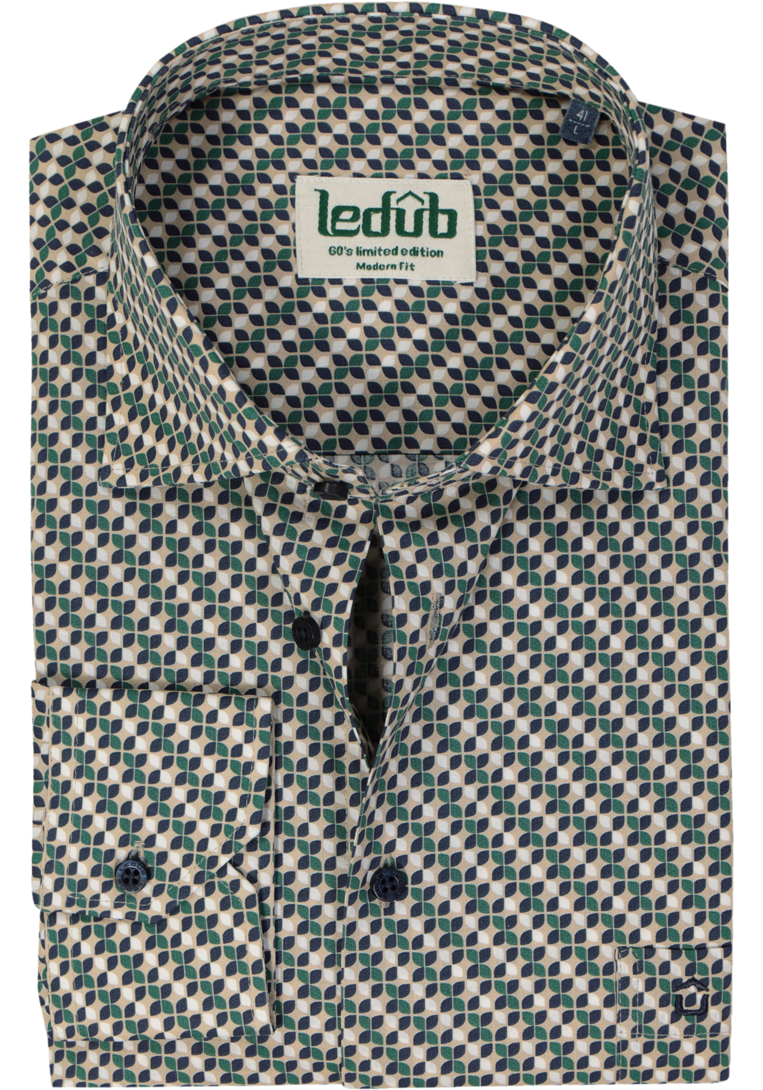 Ledub modern fit overhemd, popeline, middengroen dessin