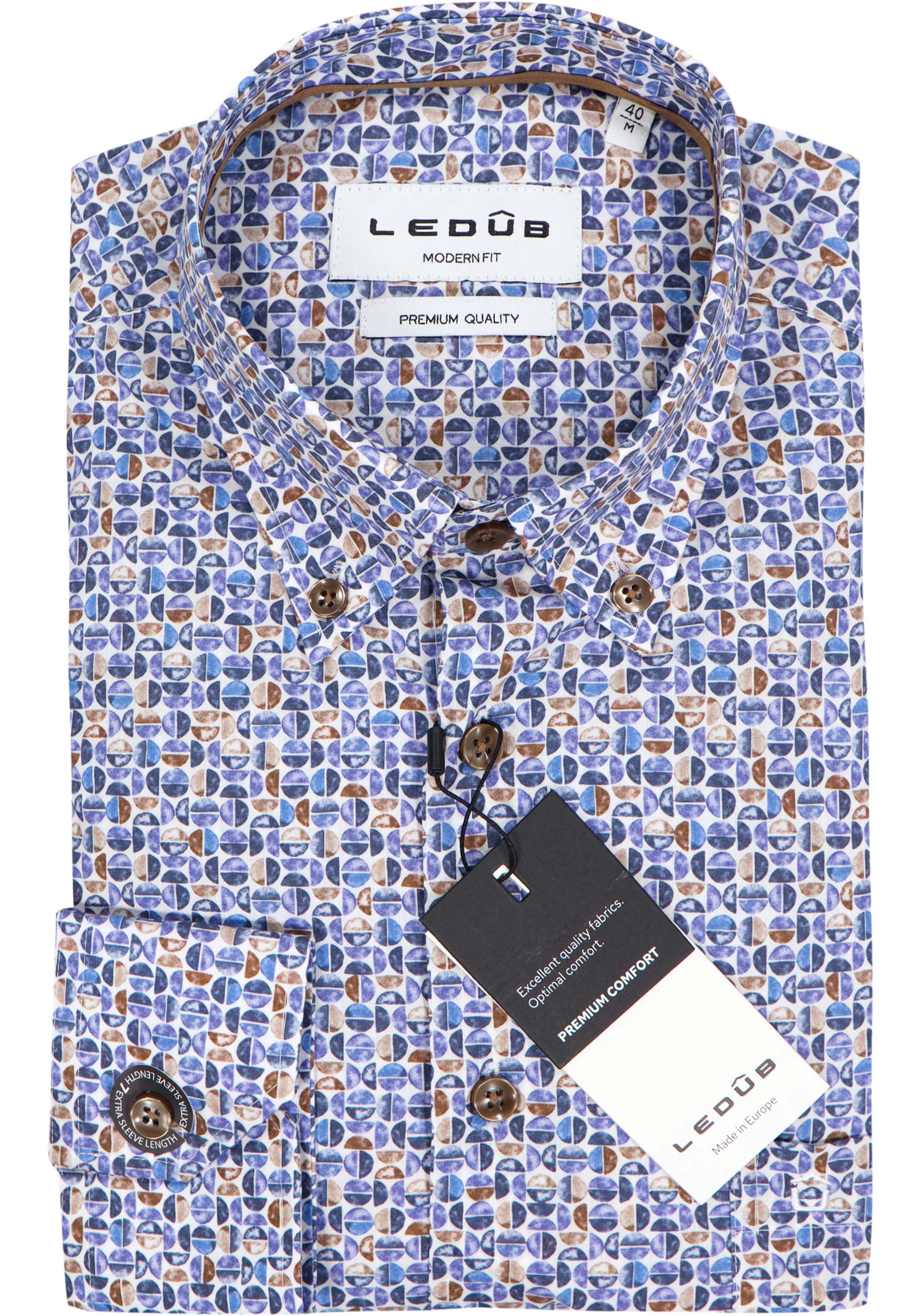 Ledub modern fit overhemd, mouwlengte 72 cm, popeline, blauw met wit en bruin dessin