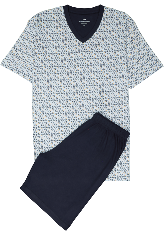 Gotzburg heren shortama V-hals, licht- met donkerblauw en geel dessin Gotzburg heren shortama V-hals, licht- met donkerblauw en geel dessin