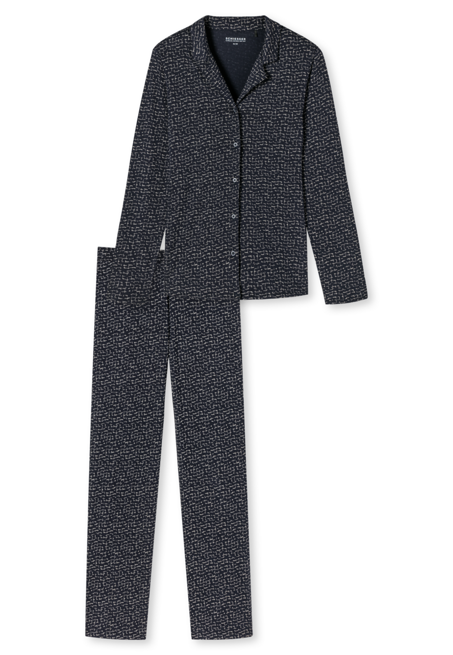 SCHIESSER Contemporary Nightwear pyjamaset, dames pyjama lang biologisch katoen knoopsluiting reverskraag grafische print nachtblauw