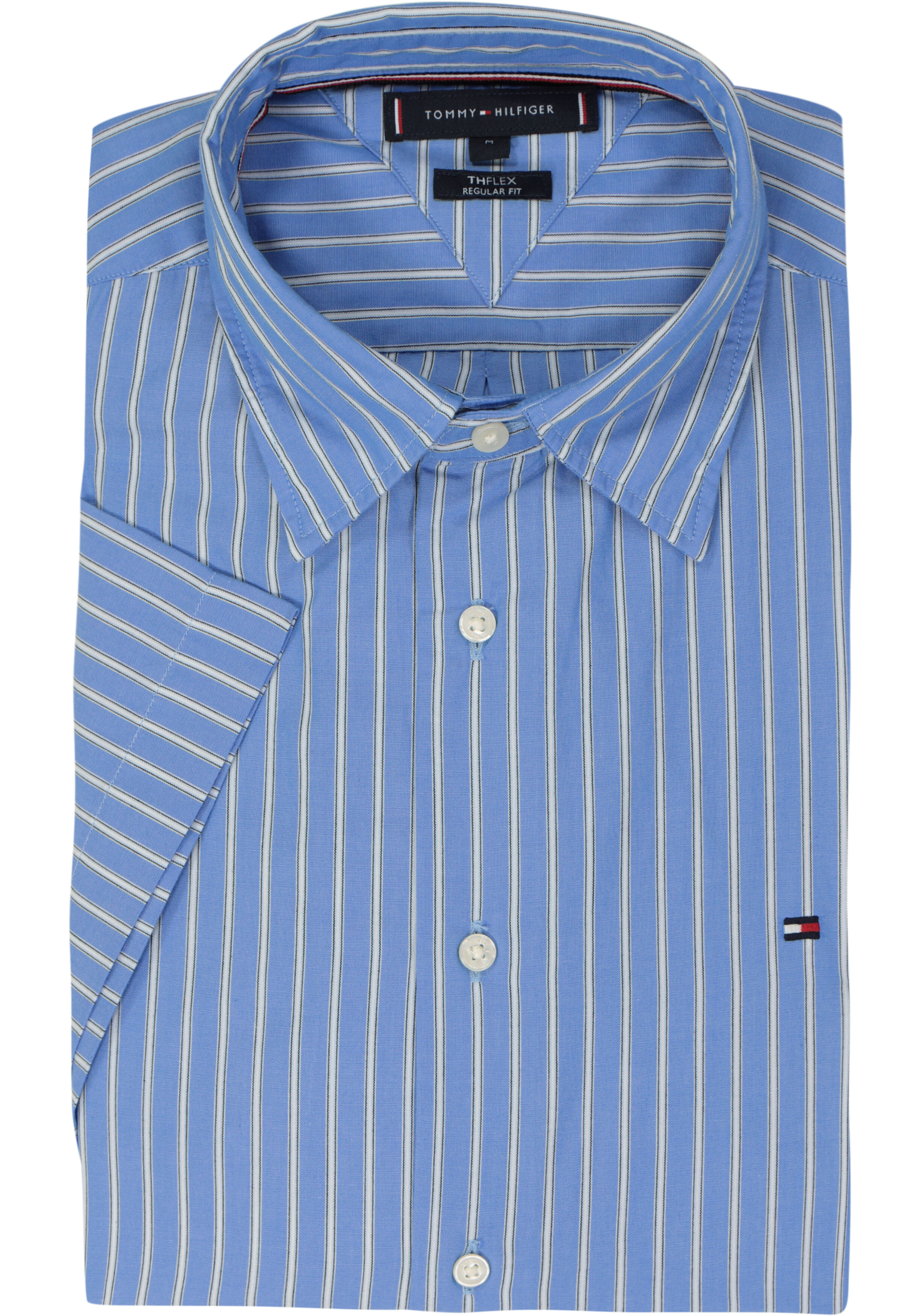 Tommy Hilfiger Flex Poplin Regular Fit Shirt, korte mouw, popeline, middenblauw gestreept