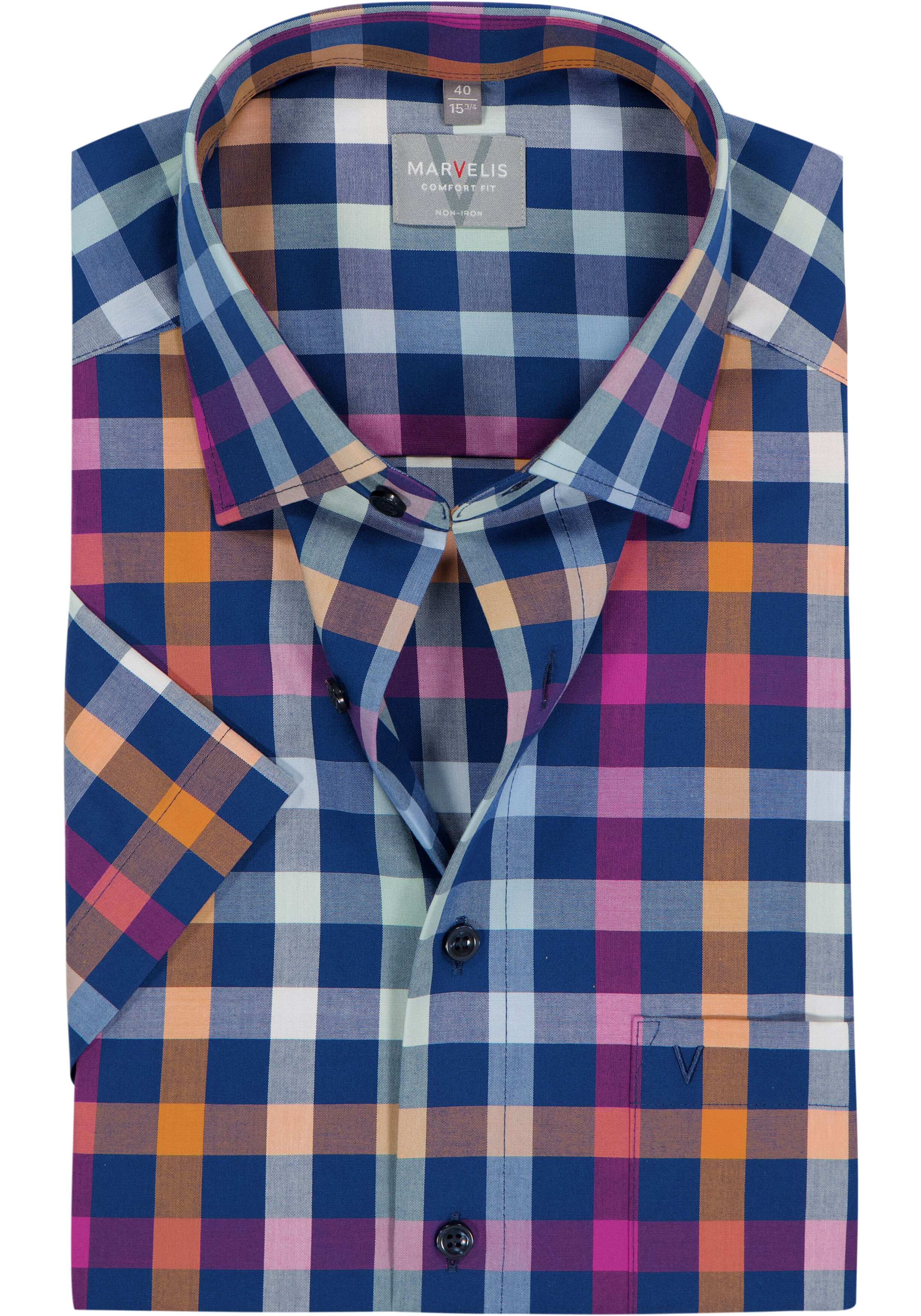 MARVELIS comfort fit overhemd, korte mouw, popeline, donkerblauw met roze bruin en groen geruit