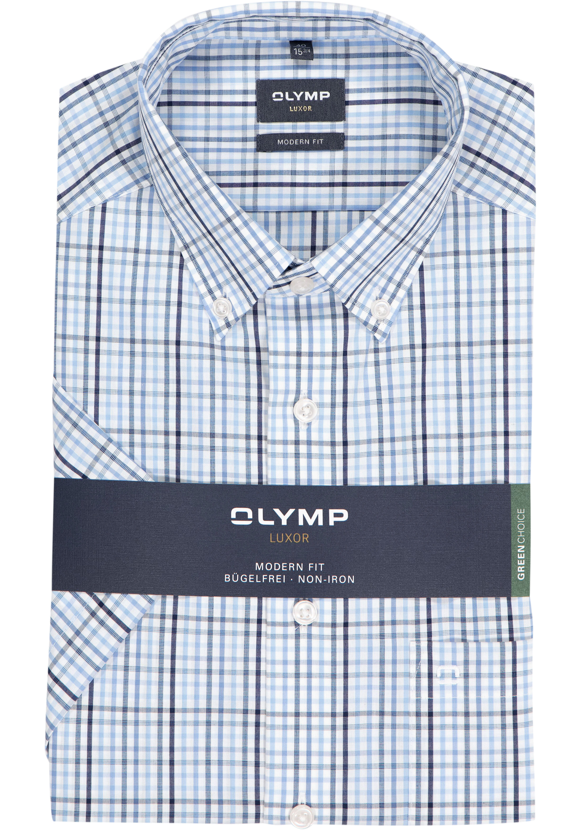 OLYMP Luxor modern fit overhemd, korte mouw, popeline, wit met blauw en groen geruit