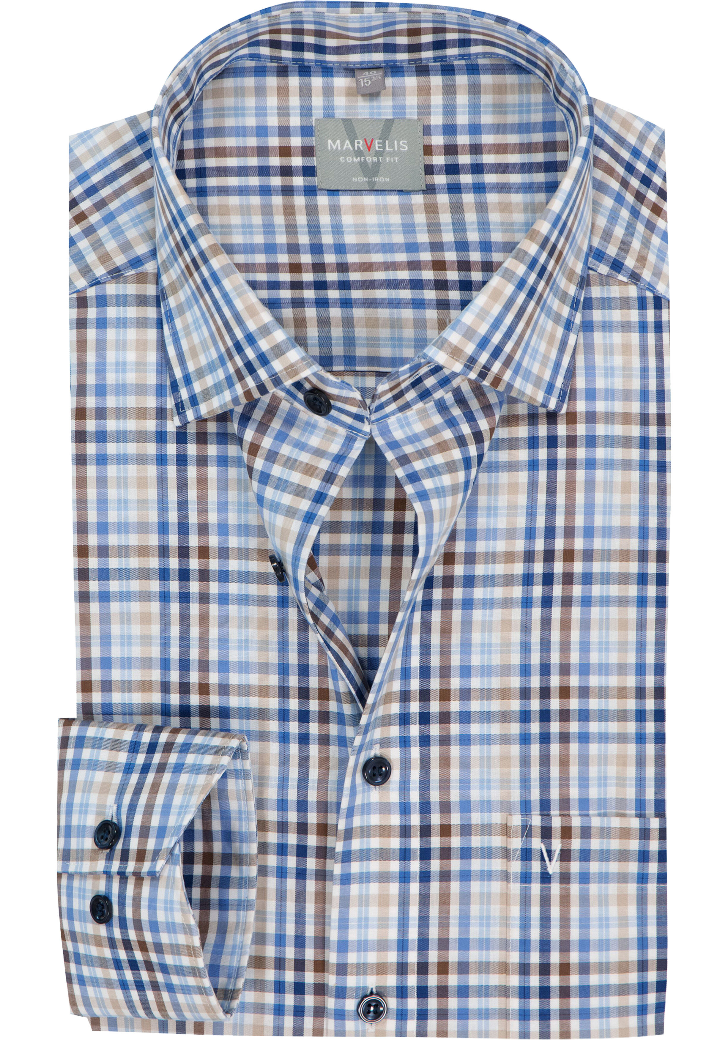 MARVELIS comfort fit overhemd, popeline, wit met blauw, beige en bruin geruit